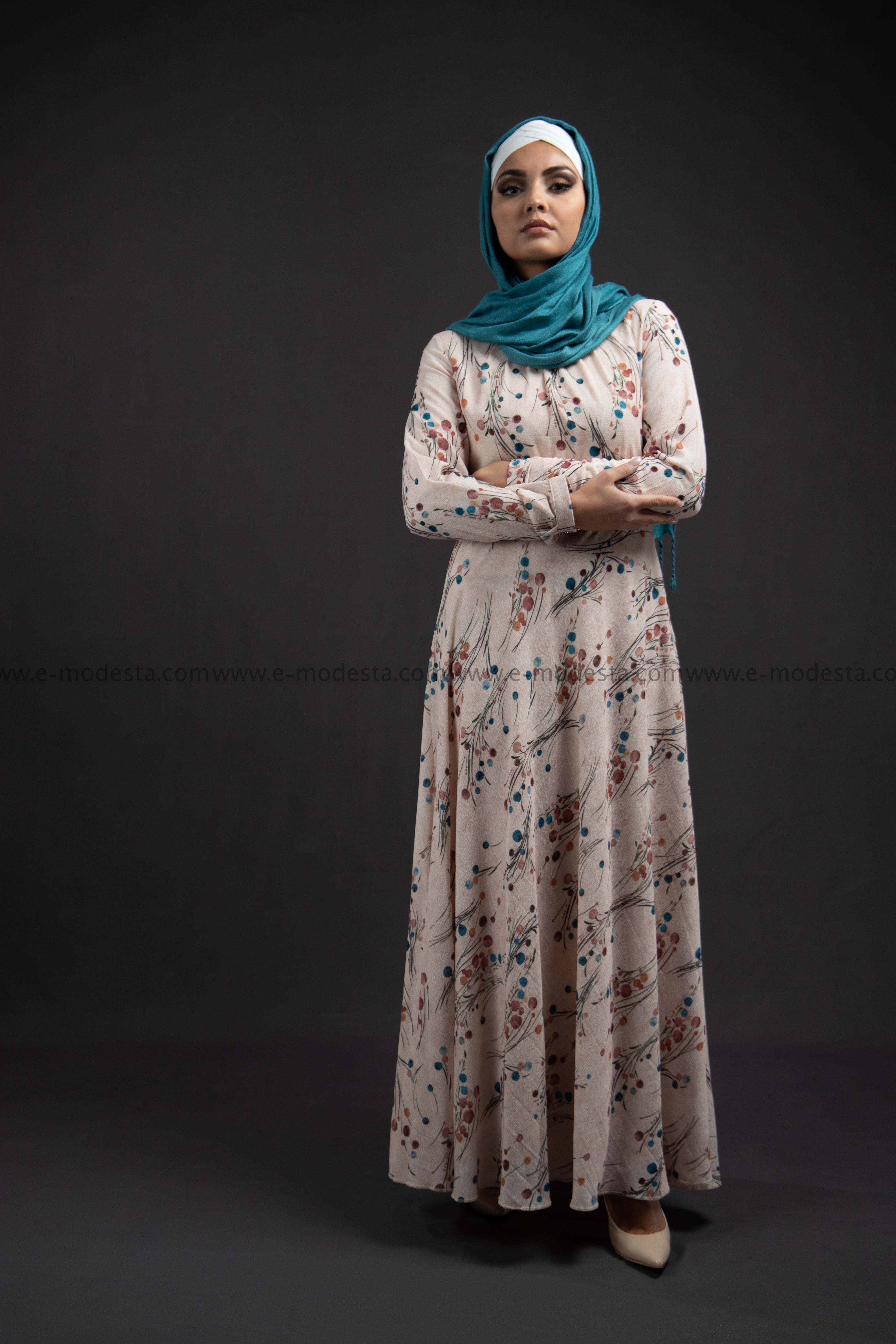 Elegant Maxi Summer Dress | Blue Dots Pattern | Fully Lined from Inside - E-Modesta#Hijab_fashion#