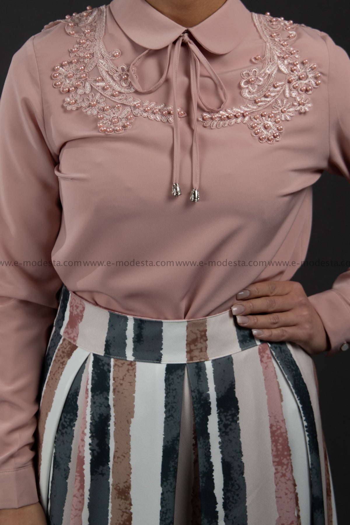 SALE Formal Pink Blouse | Lace & Pearls on the Shoulders - E-Modesta