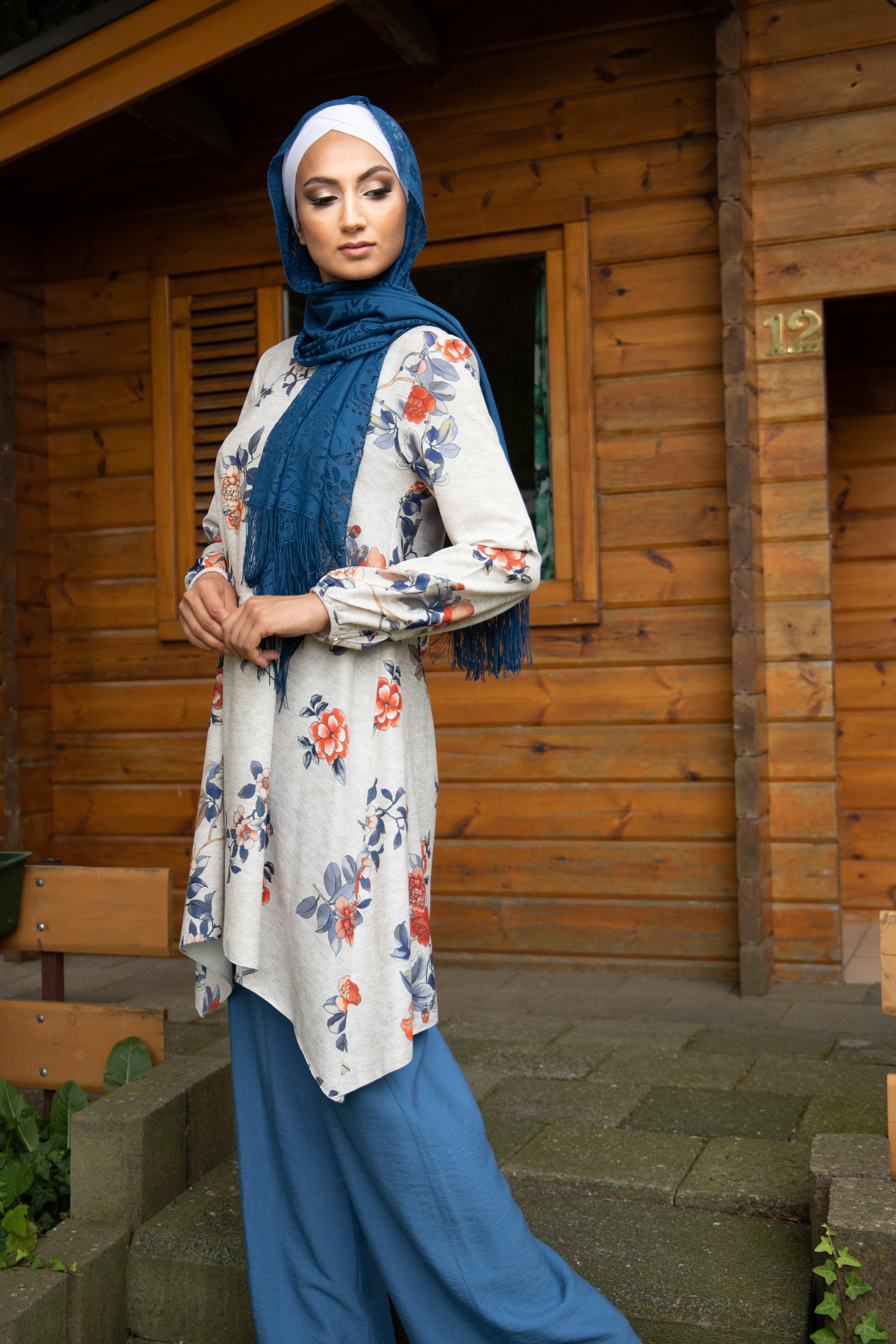 Floral Tunic & Wide Leg Pants Outfit | Color Blue