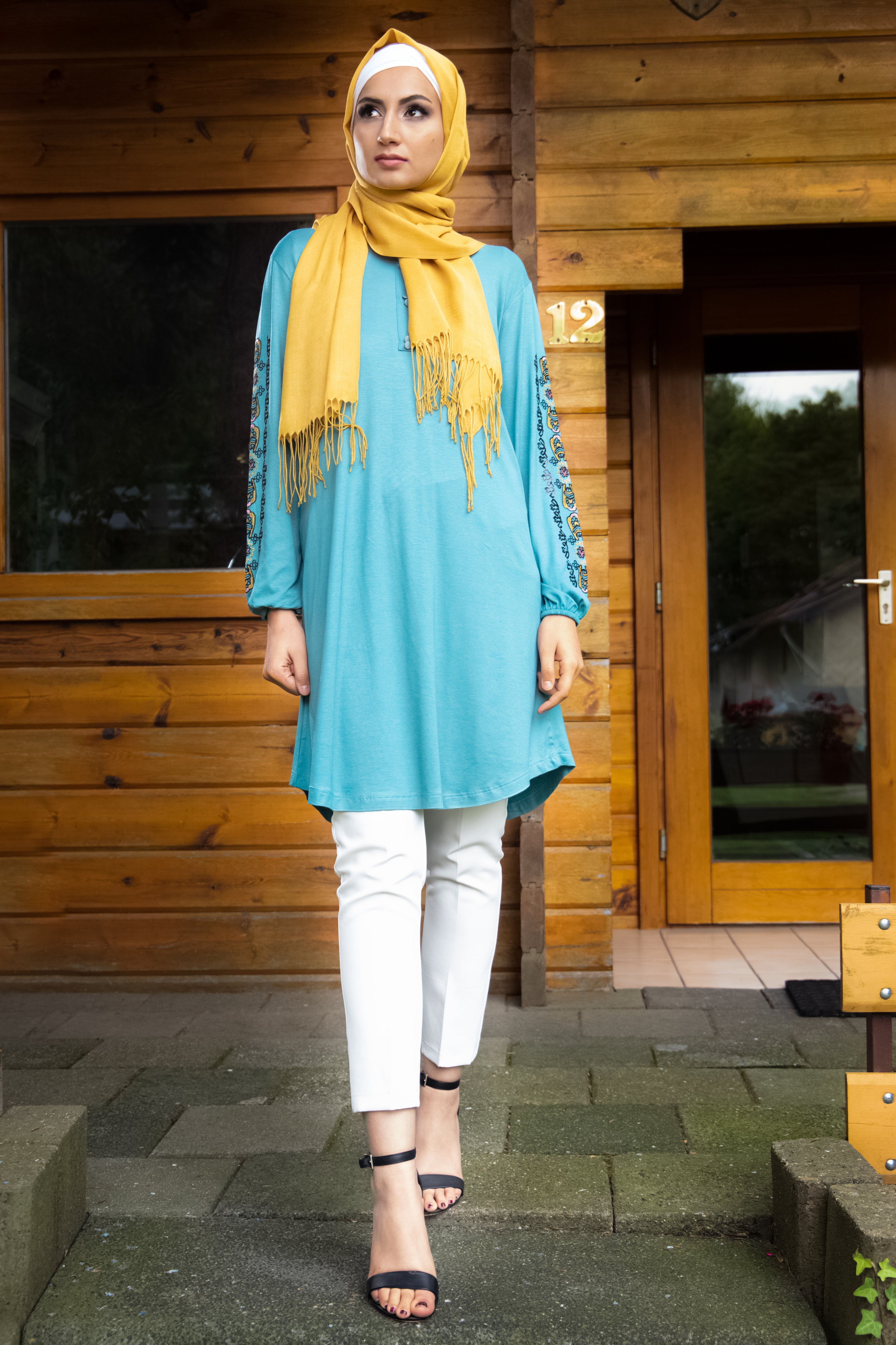 Knee-Length Tunic with Embroidery Sleeve | Blue Color