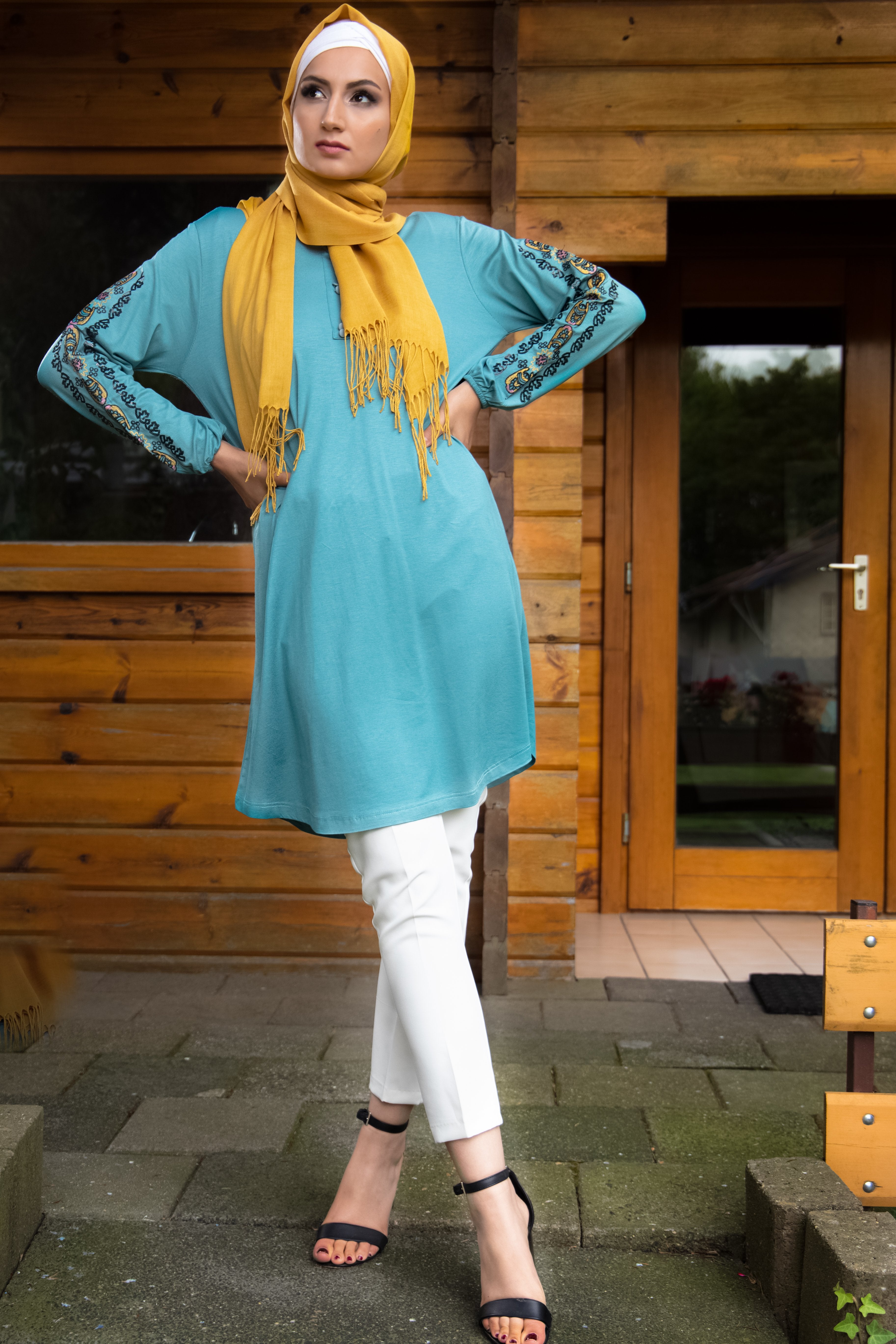 Knee-Length Tunic with Embroidery Sleeve | Blue Color