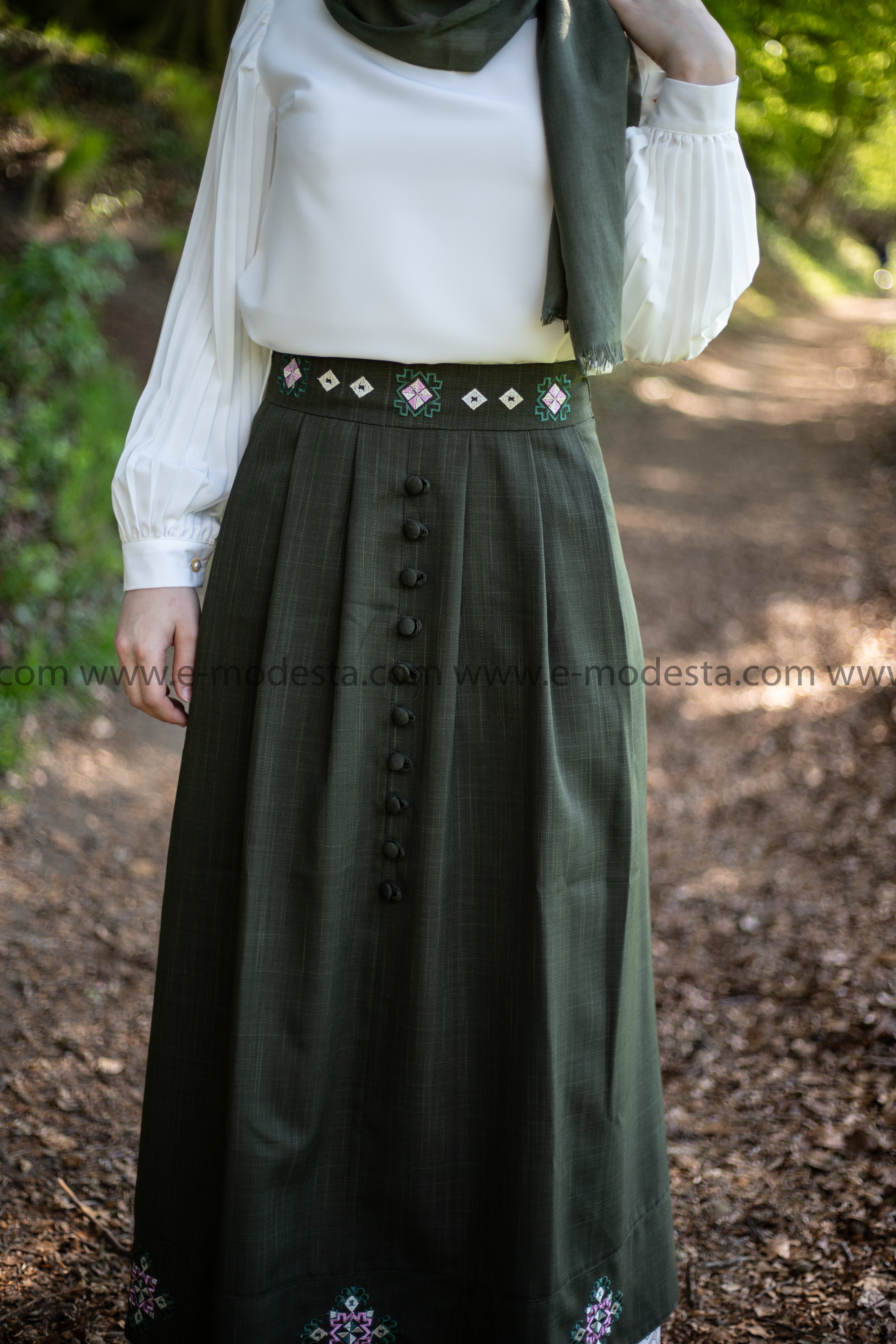SALE Elegant Embroidery Skirt | Dark Green Color - E-Modesta