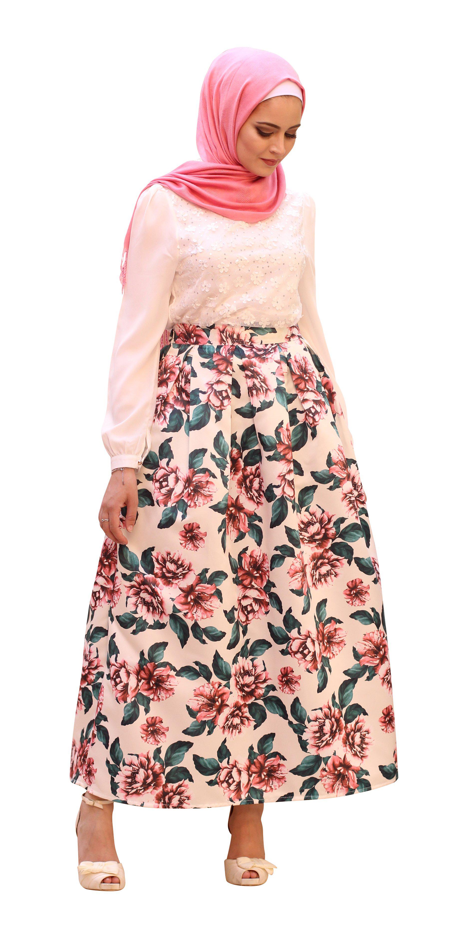 Pink floral print high quality elegant floor length skirt - E-Modesta