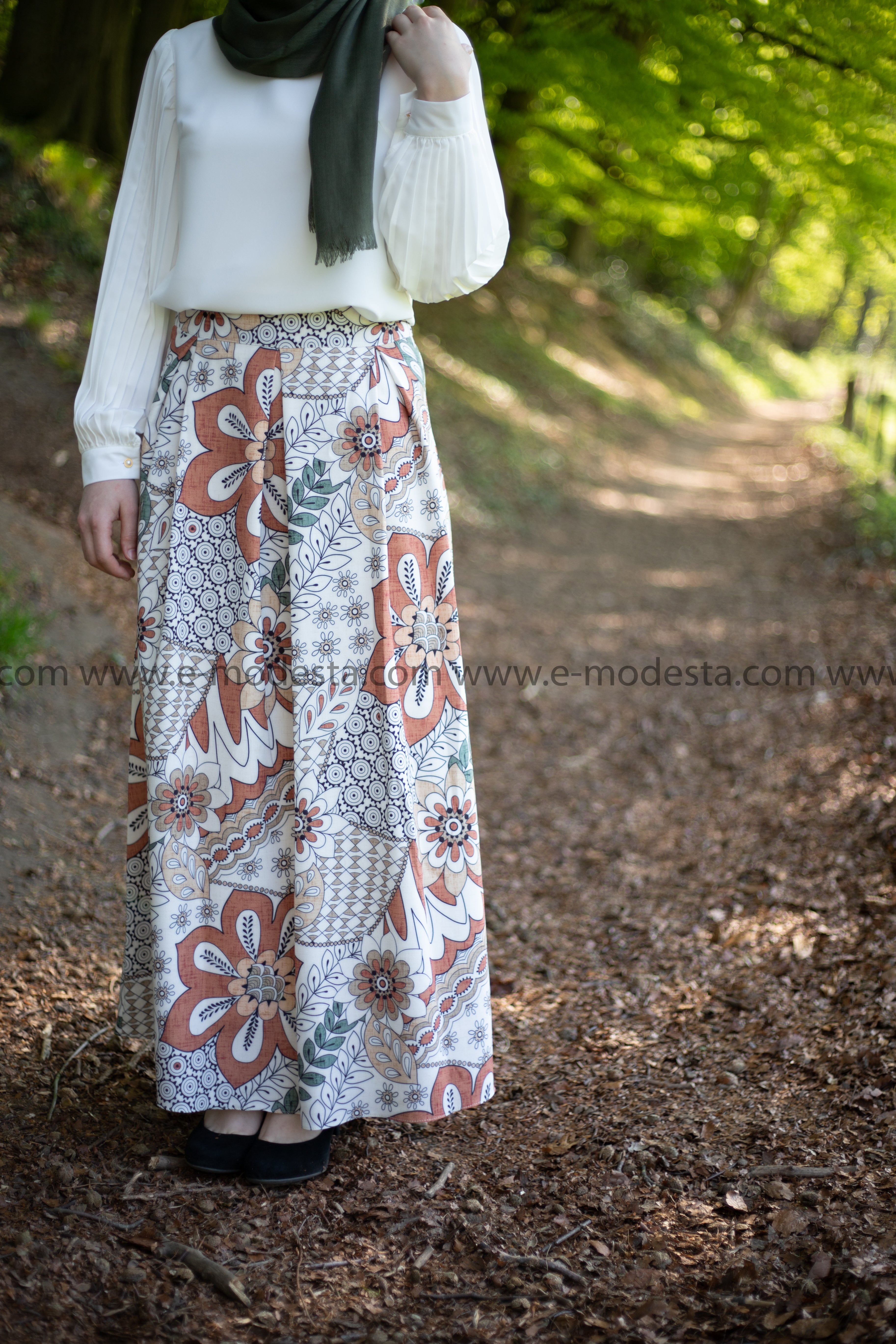 Maxi Floral Skirt | Green & Orange | Lined from Inside - E-Modesta