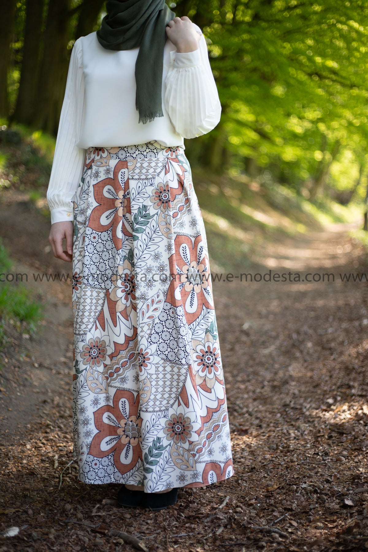 Maxi Floral Skirt | Green & Orange | Lined from Inside - E-Modesta