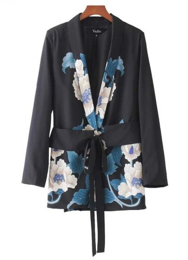 Mid-length Blazer with Vintage Blue Floral Print - E-Modesta