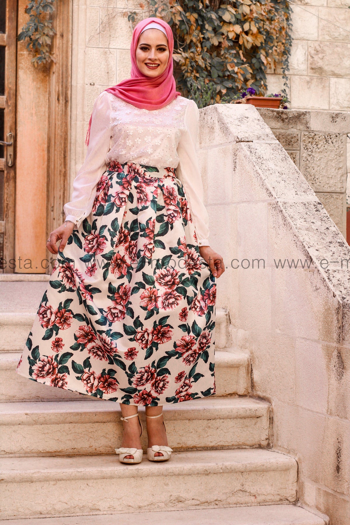 Pink floral print high quality elegant floor length skirt - E-Modesta