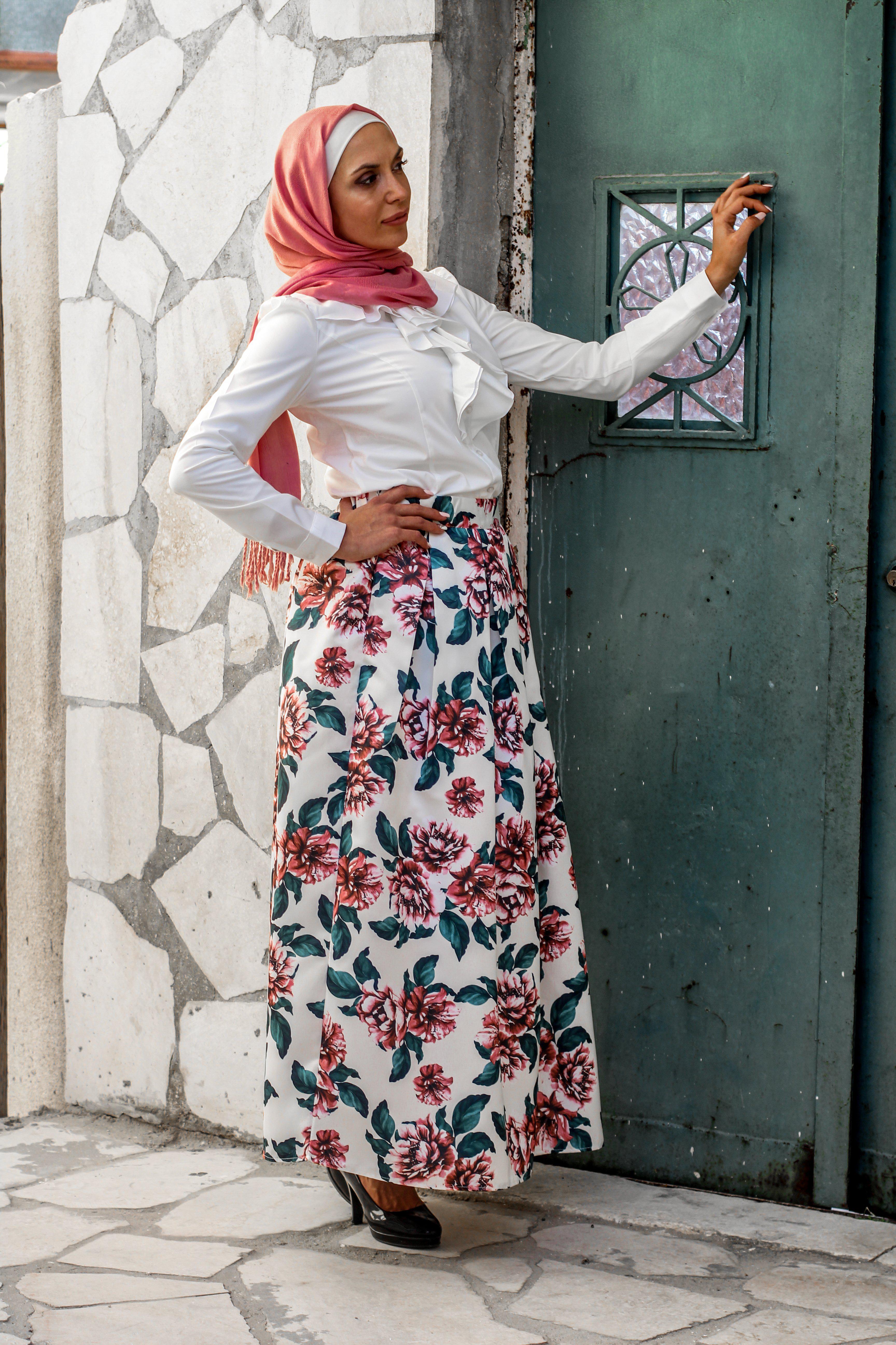 Pink floral print high quality elegant floor length skirt - E-Modesta