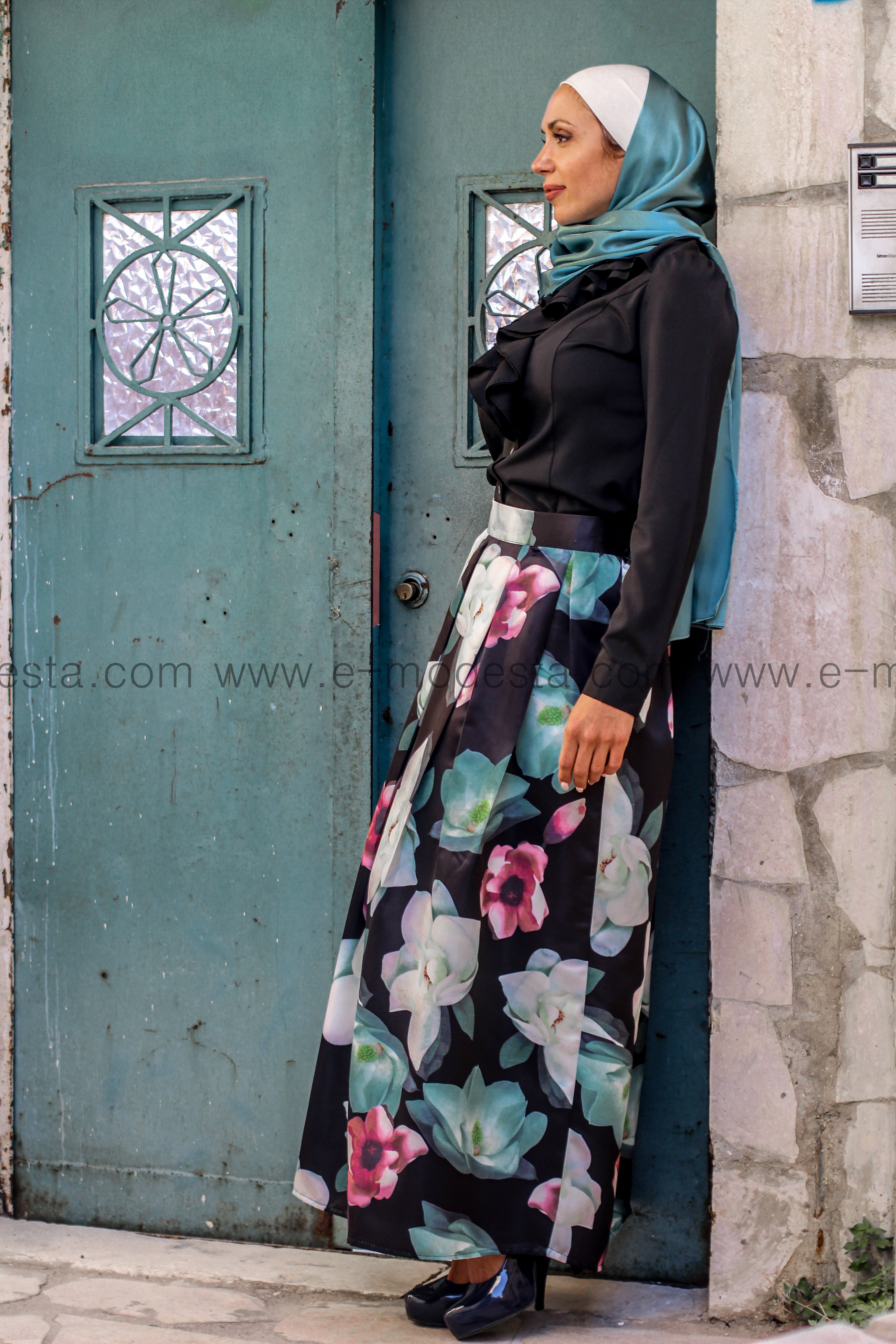 Black & Turquoise Ball Gown Skirt Look - E-Modesta#Hijab_fashion#
