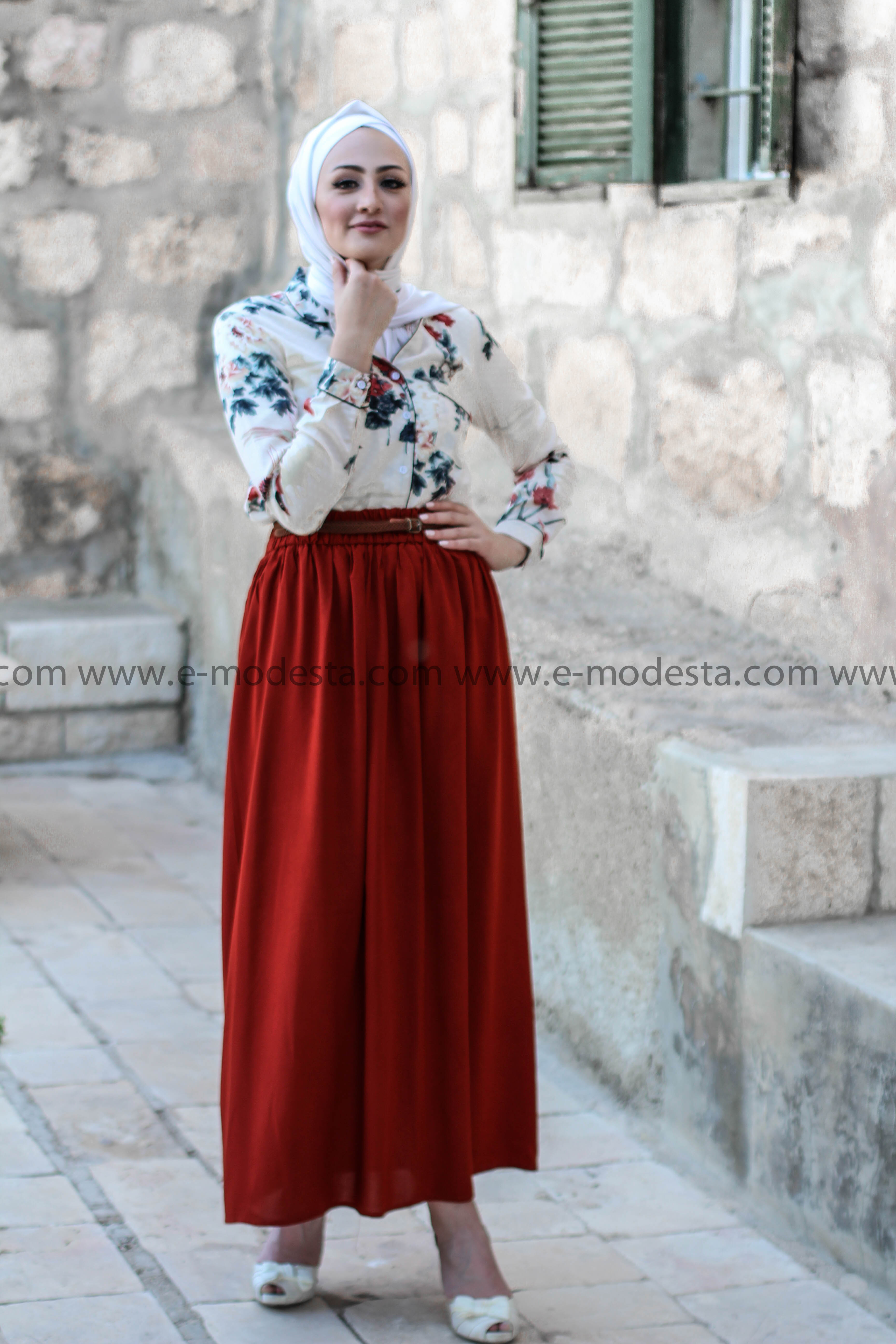 Brick Red Skirt & Floral Vintage Shirt - E-Modesta#Hijab_fashion#