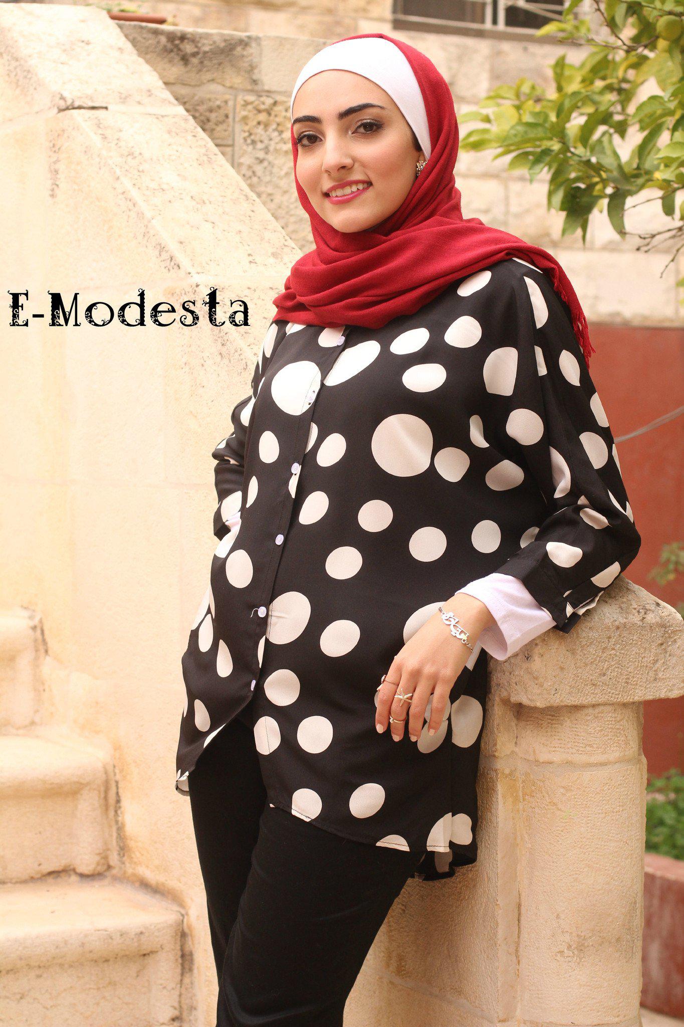 Casual Polka Dot long Shirt - Black & White - E-Modesta#Hijab_fashion#