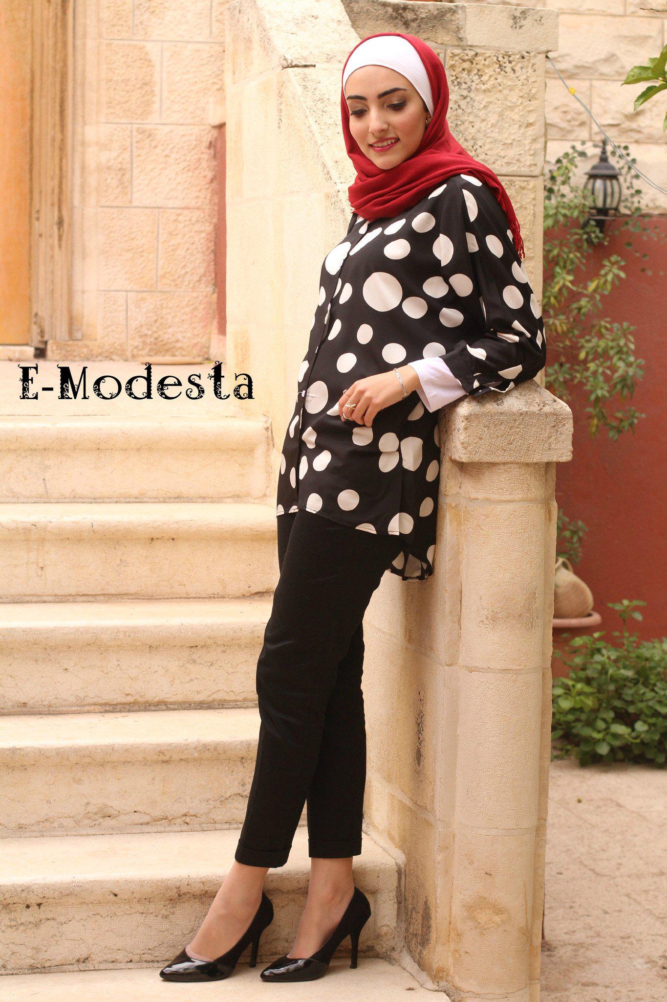 Casual Polka Dot long Shirt - Black & White - E-Modesta#Hijab_fashion#