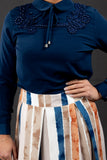 SALE Formal Dark Blue Blouse | Lace & Pearls on the Shoulders - E-Modesta