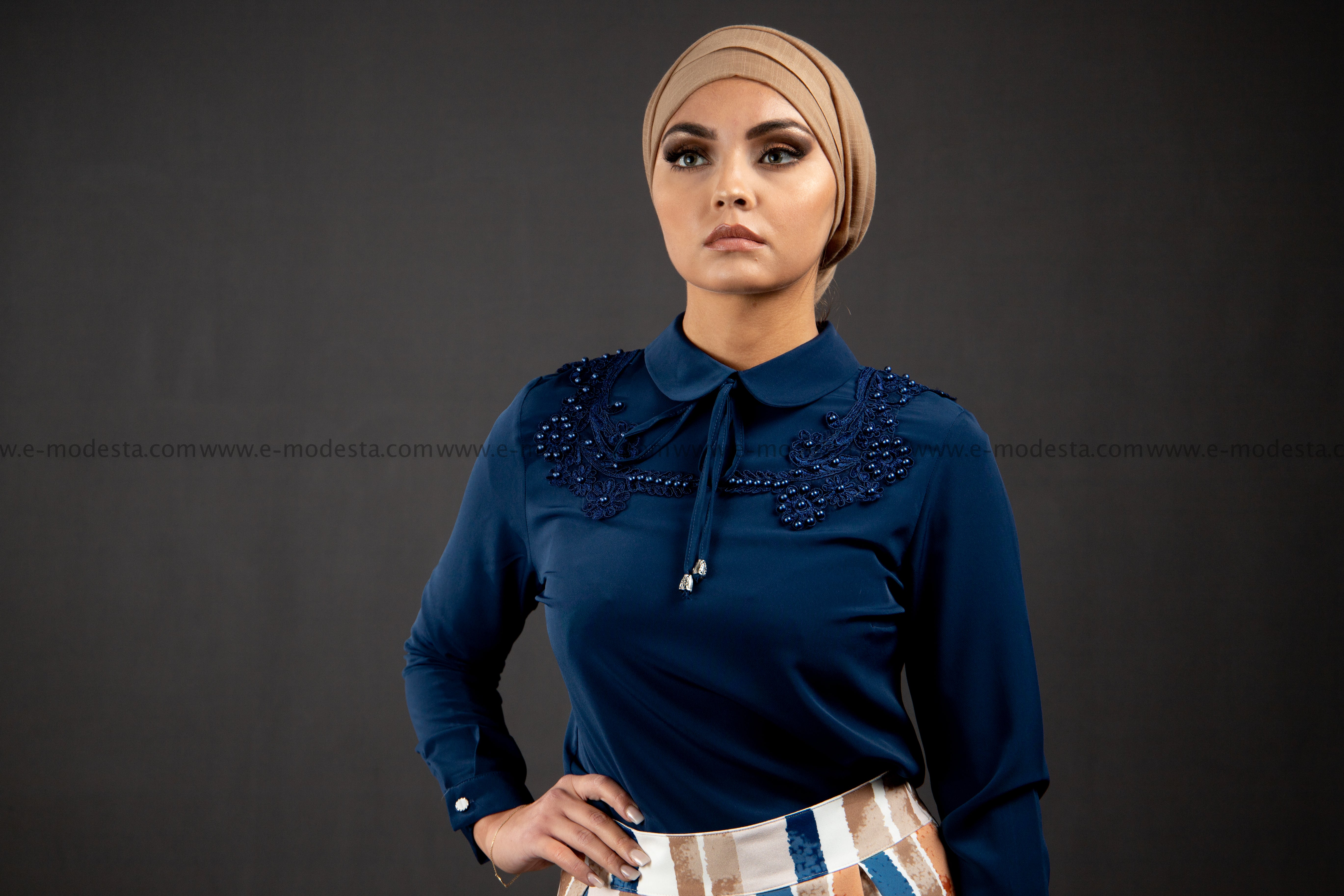 SALE Formal Dark Blue Blouse | Lace & Pearls on the Shoulders - E-Modesta