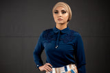 SALE Formal Dark Blue Blouse | Lace & Pearls on the Shoulders - E-Modesta