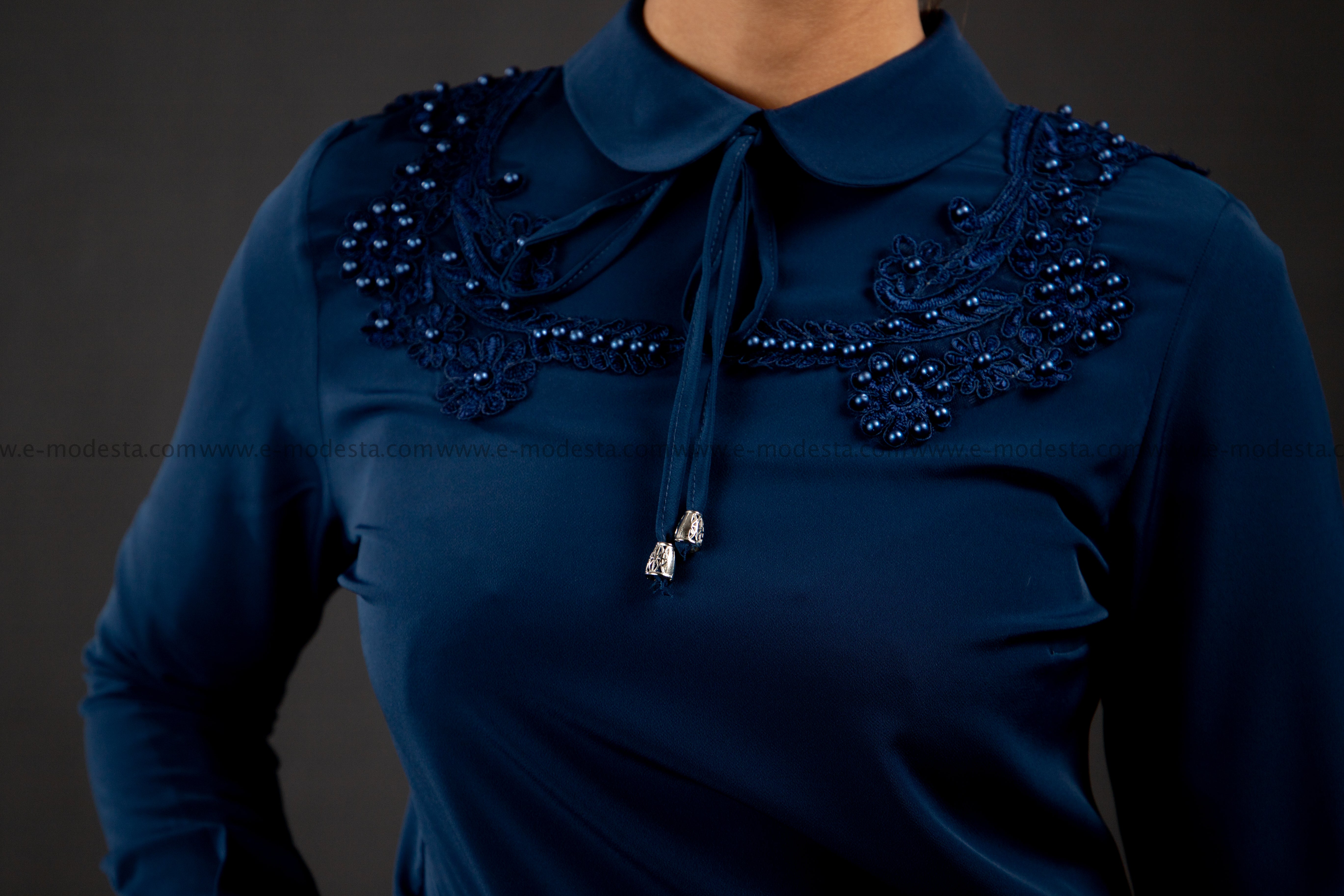 SALE Formal Dark Blue Blouse | Lace & Pearls on the Shoulders - E-Modesta