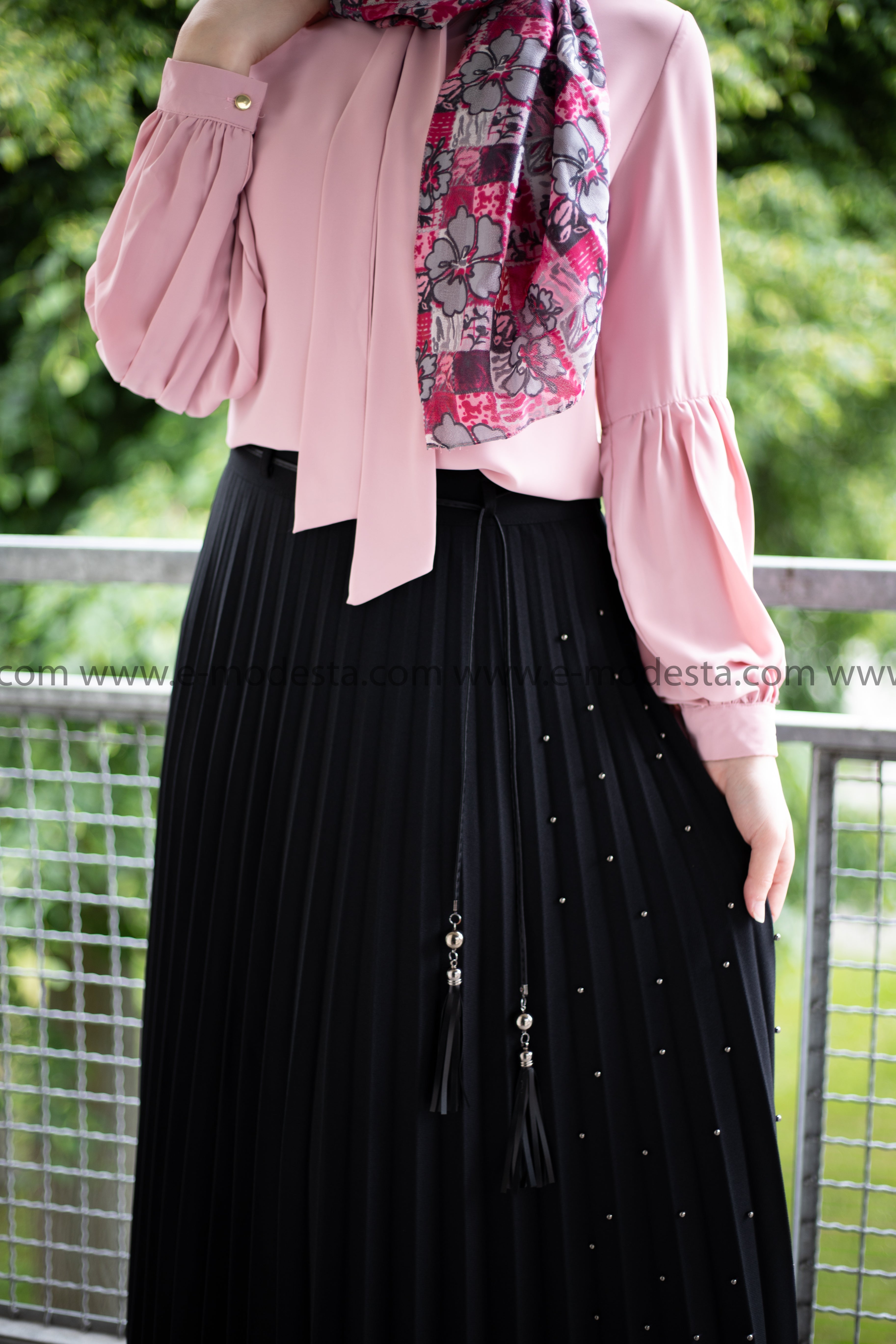 SALE Pleated Maxi Skirt | Black Color | Pearls on One Side - E-Modesta