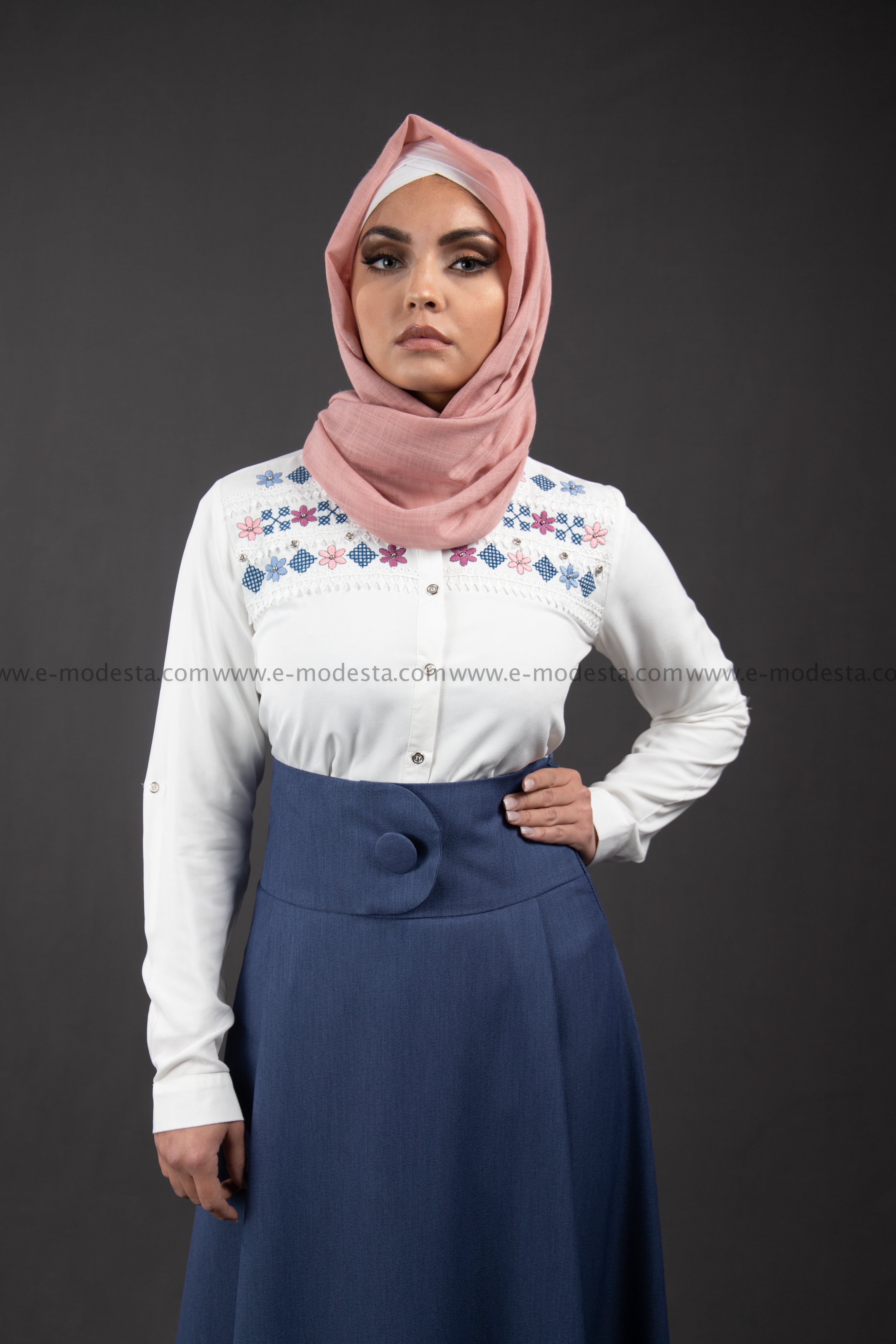 SALE Summer White Shirt | Flowers Embroidery | Blue and Pink - E-Modesta