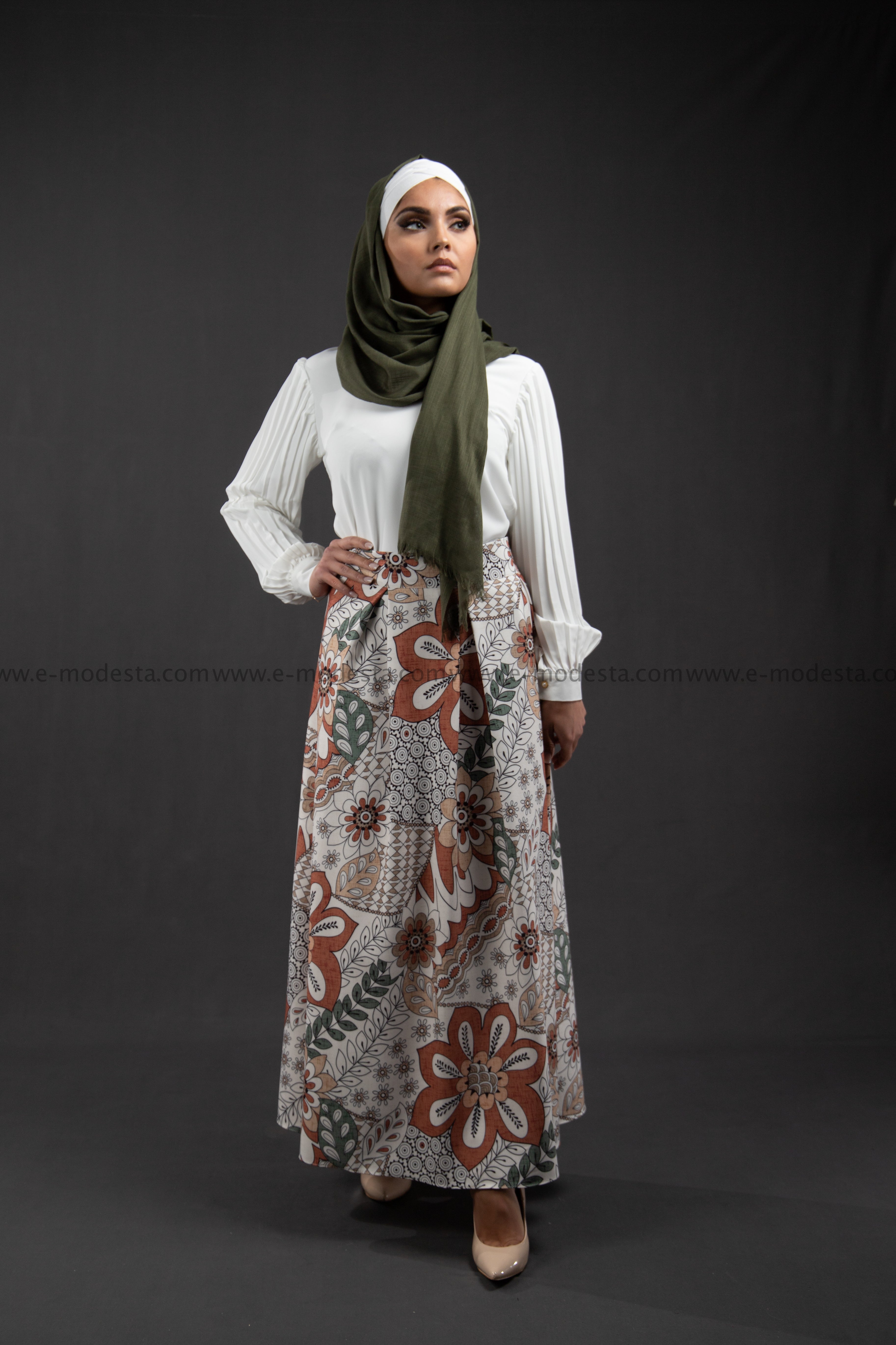 Maxi Floral Skirt | Green & Orange | Lined from Inside - E-Modesta