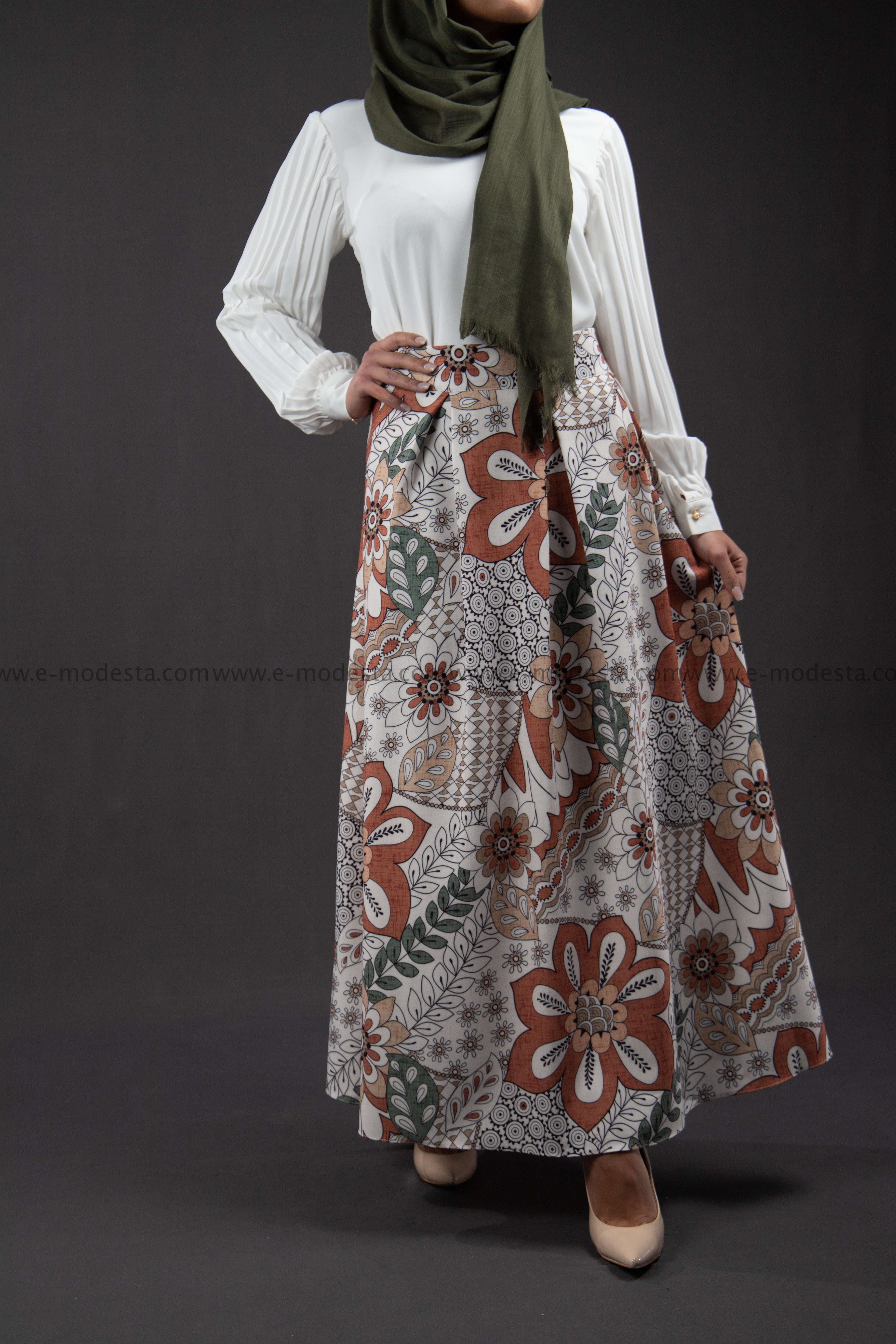 Maxi Floral Skirt | Green & Orange | Lined from Inside - E-Modesta