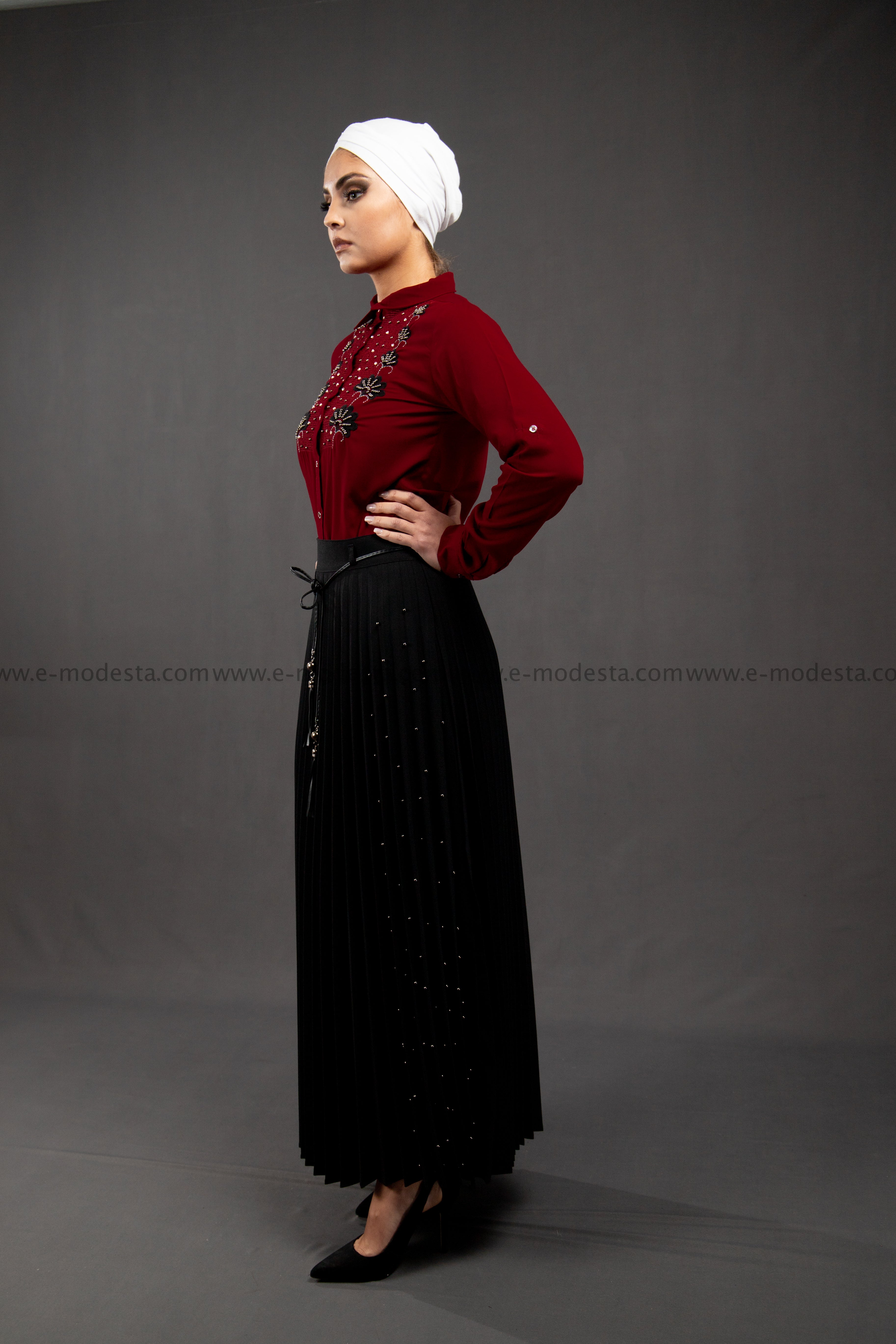 SALE Wine Red Embroidery Shirt | Geometric Pattern - E-Modesta