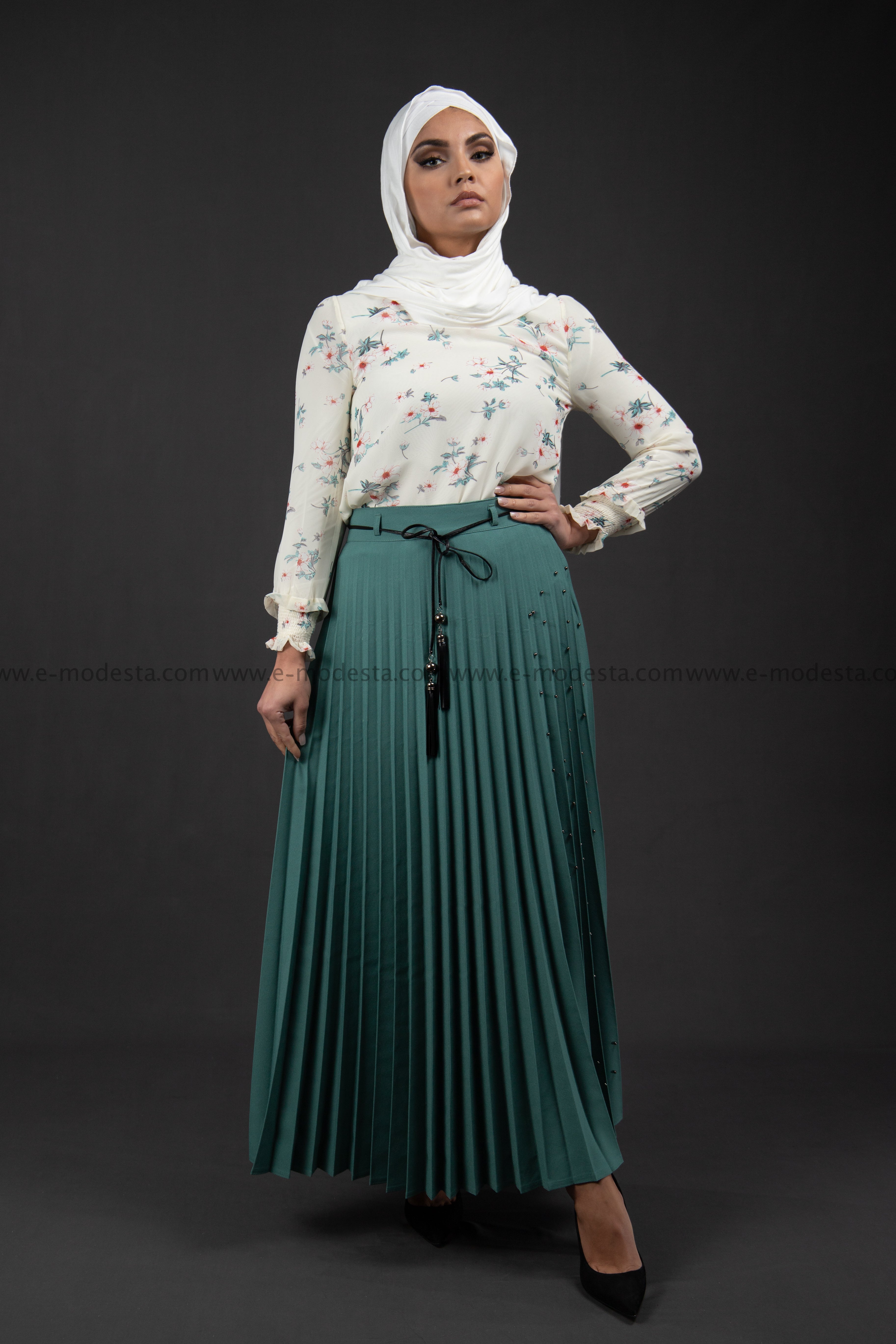 Pleated Maxi Skirt | Teal Blue Color | Pearls on One Side - E-Modesta