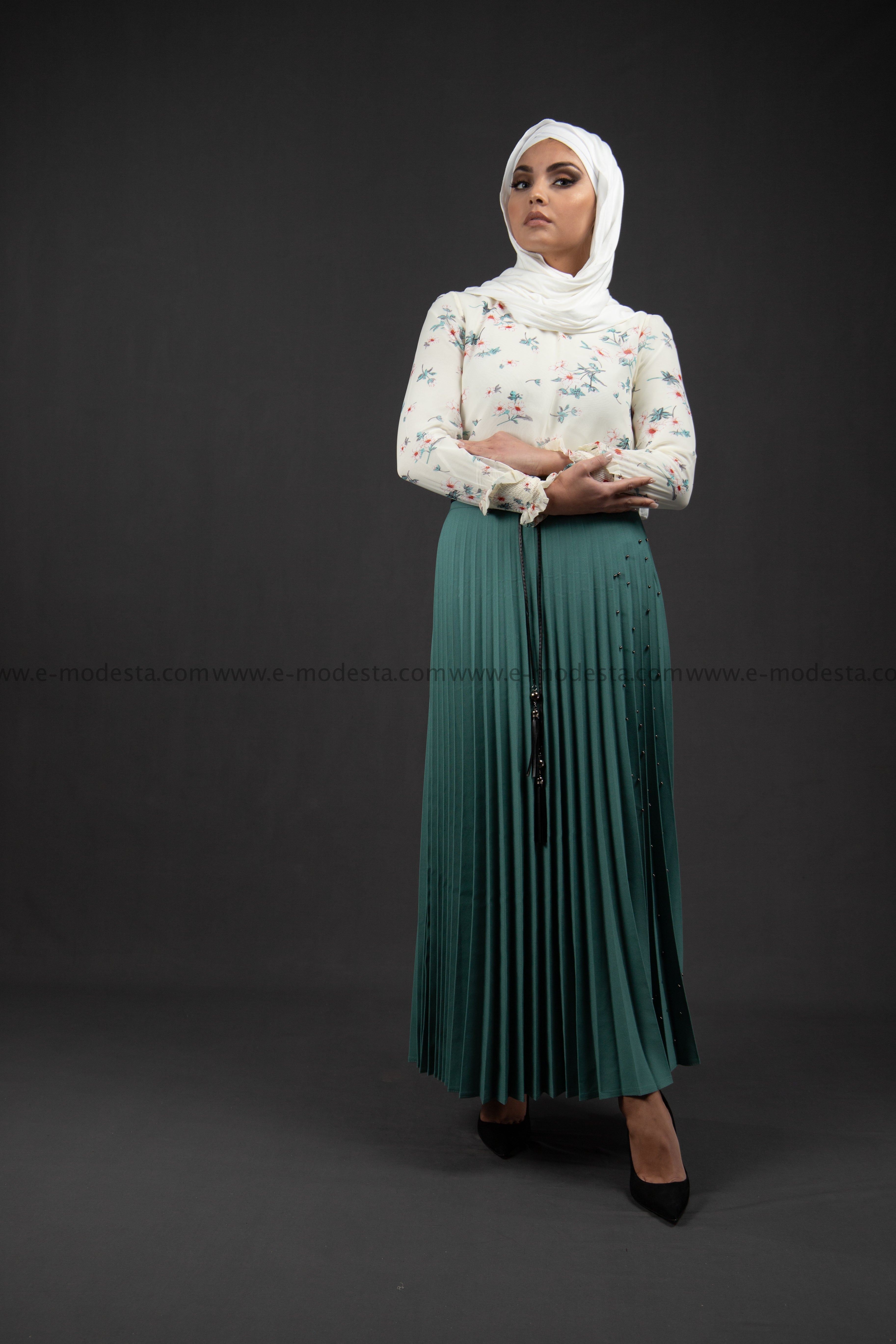 Pleated Maxi Skirt | Teal Blue Color | Pearls on One Side - E-Modesta
