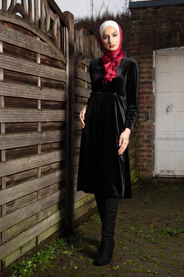 Women Dress for Winter | Black Velvet | Mid-calf - E-Modesta