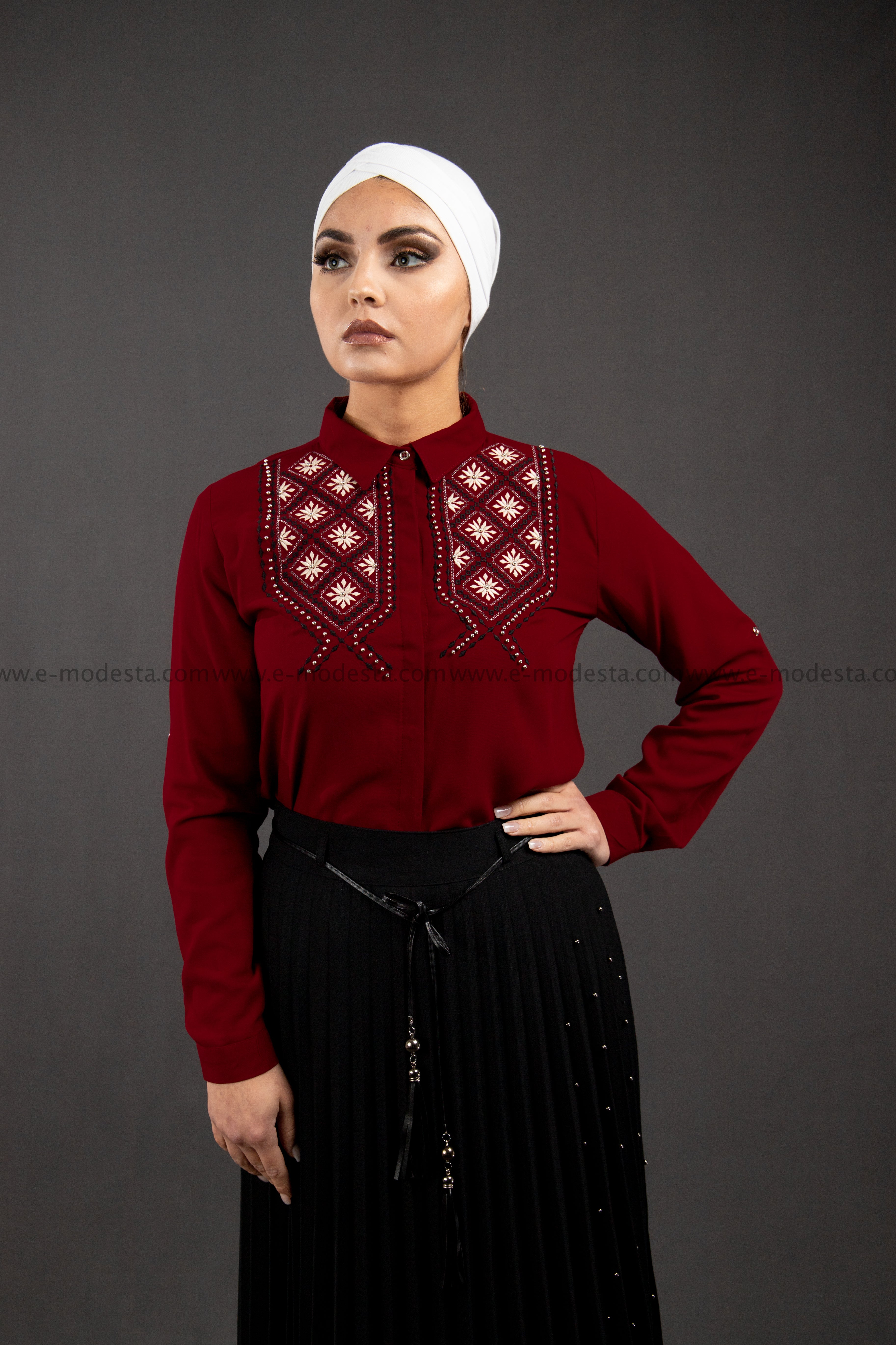 SALE Wine Red Embroidery Shirt | Geometric Pattern - E-Modesta