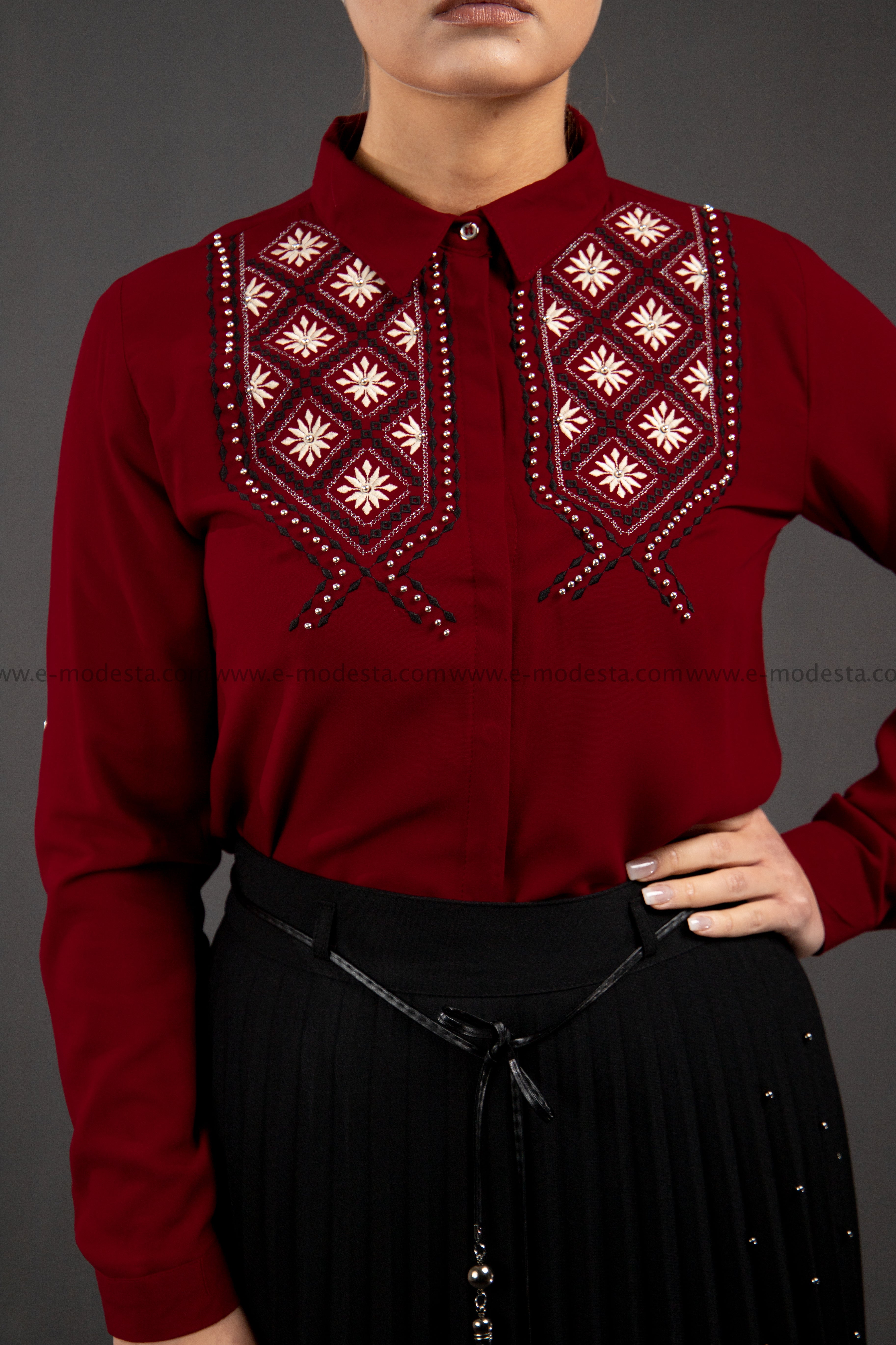SALE Wine Red Embroidery Shirt | Geometric Pattern - E-Modesta
