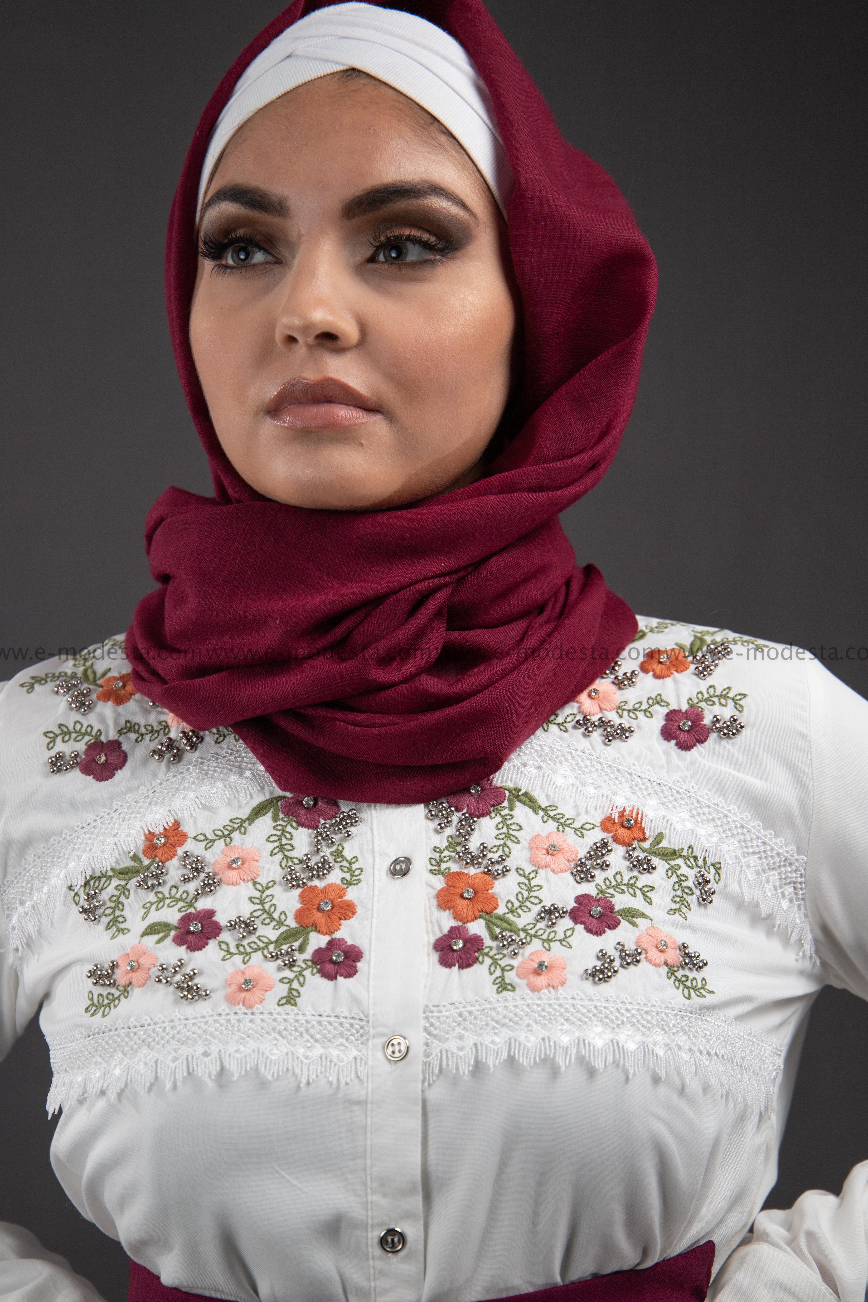 SALE Summer White Shirt | Flowers Embroidery | Purple and Pink - E-Modesta