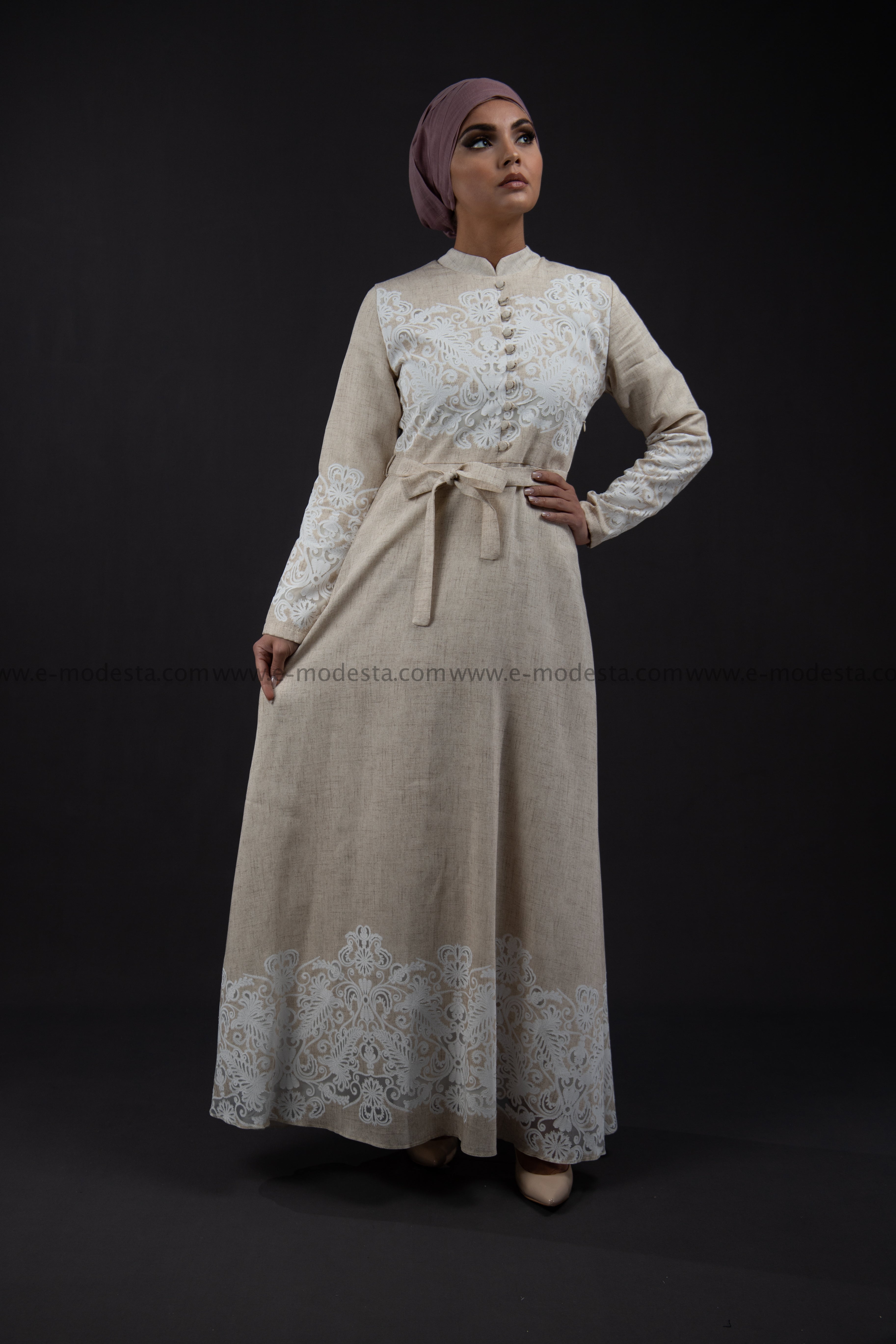 SALE Elegant Summer Maxi Dress | Beige Color | with White Lace - E-Modesta