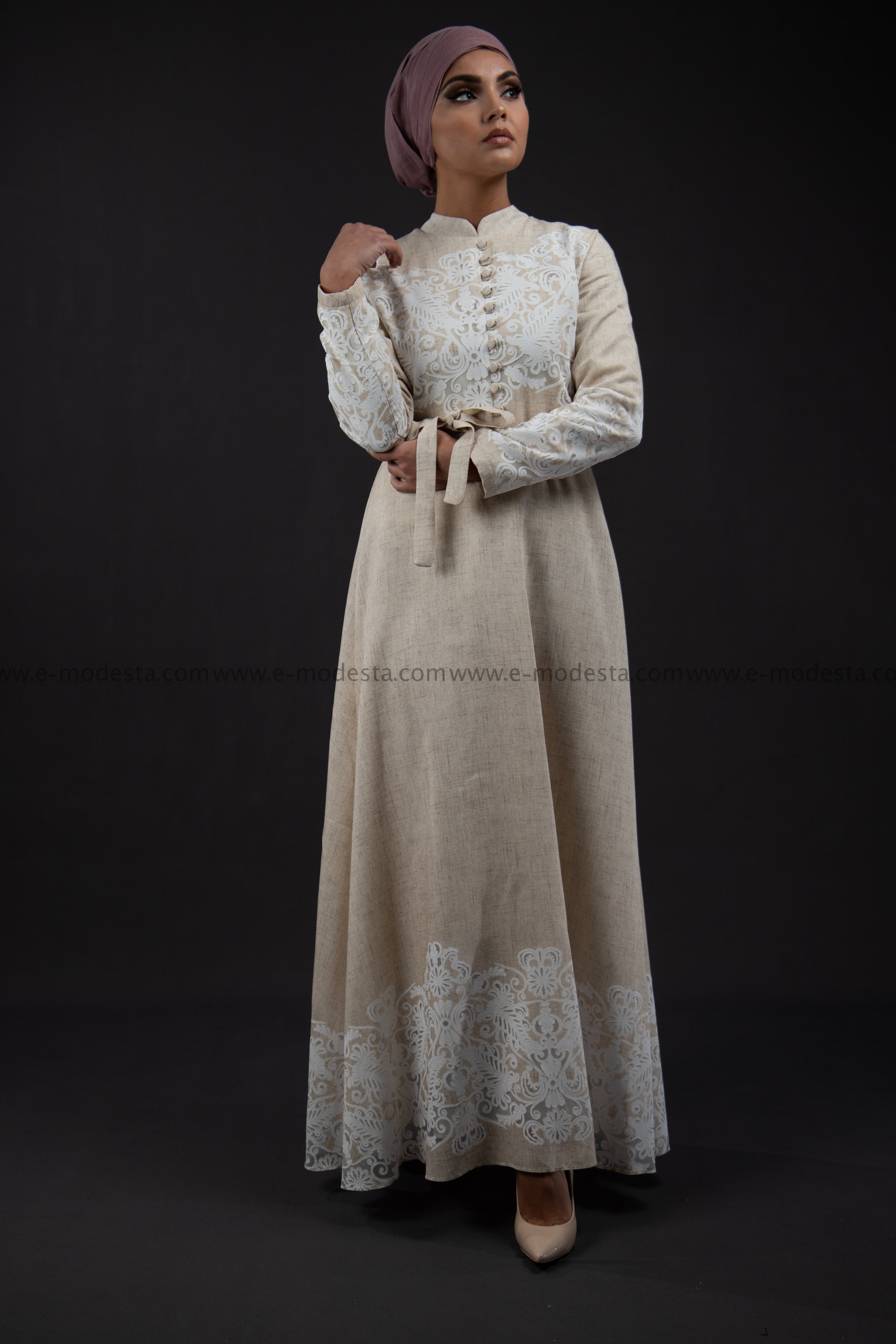 SALE Elegant Summer Maxi Dress | Beige Color | with White Lace - E-Modesta