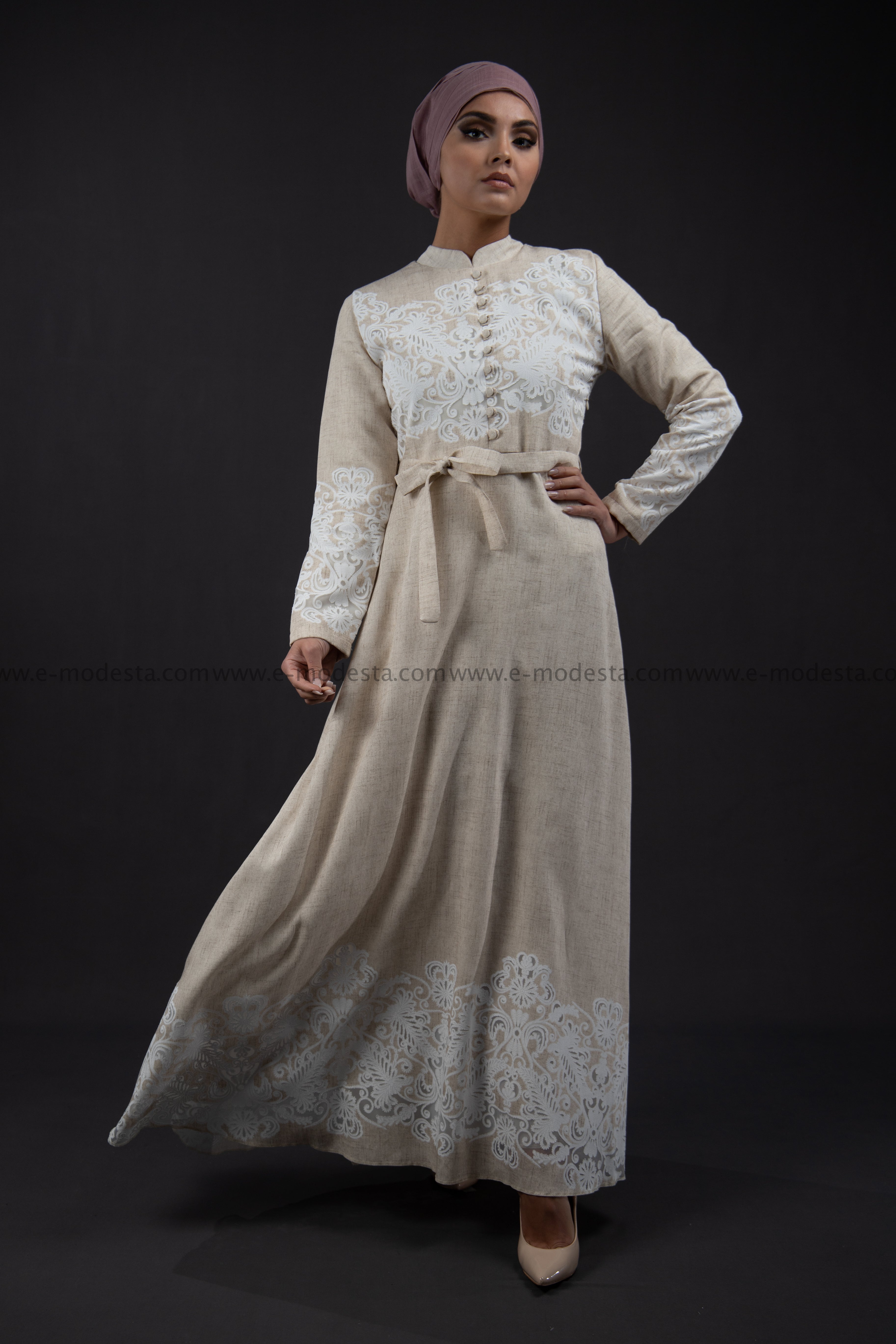 SALE Elegant Summer Maxi Dress | Beige Color | with White Lace - E-Modesta