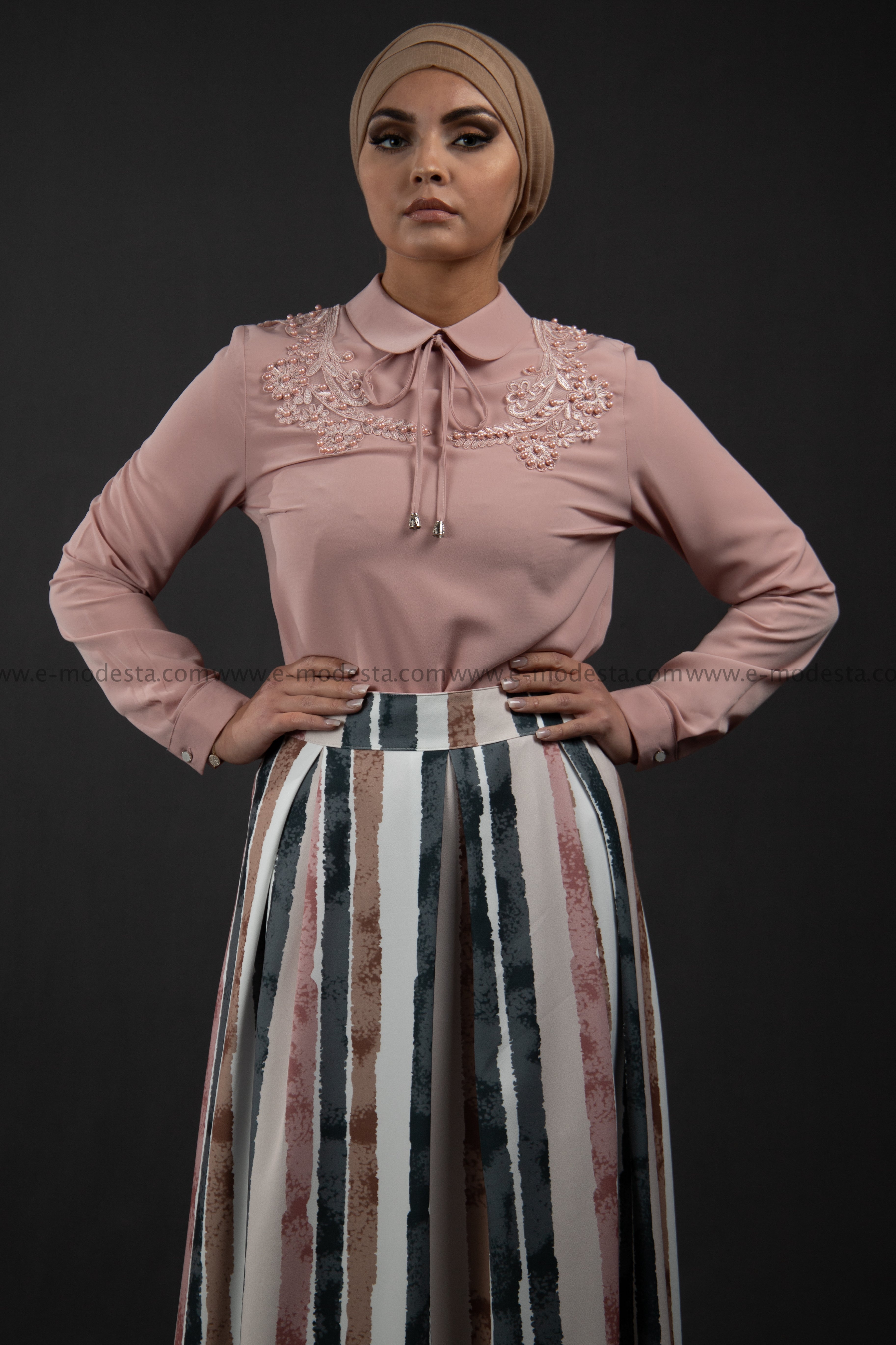 SALE Formal Pink Blouse | Lace & Pearls on the Shoulders - E-Modesta