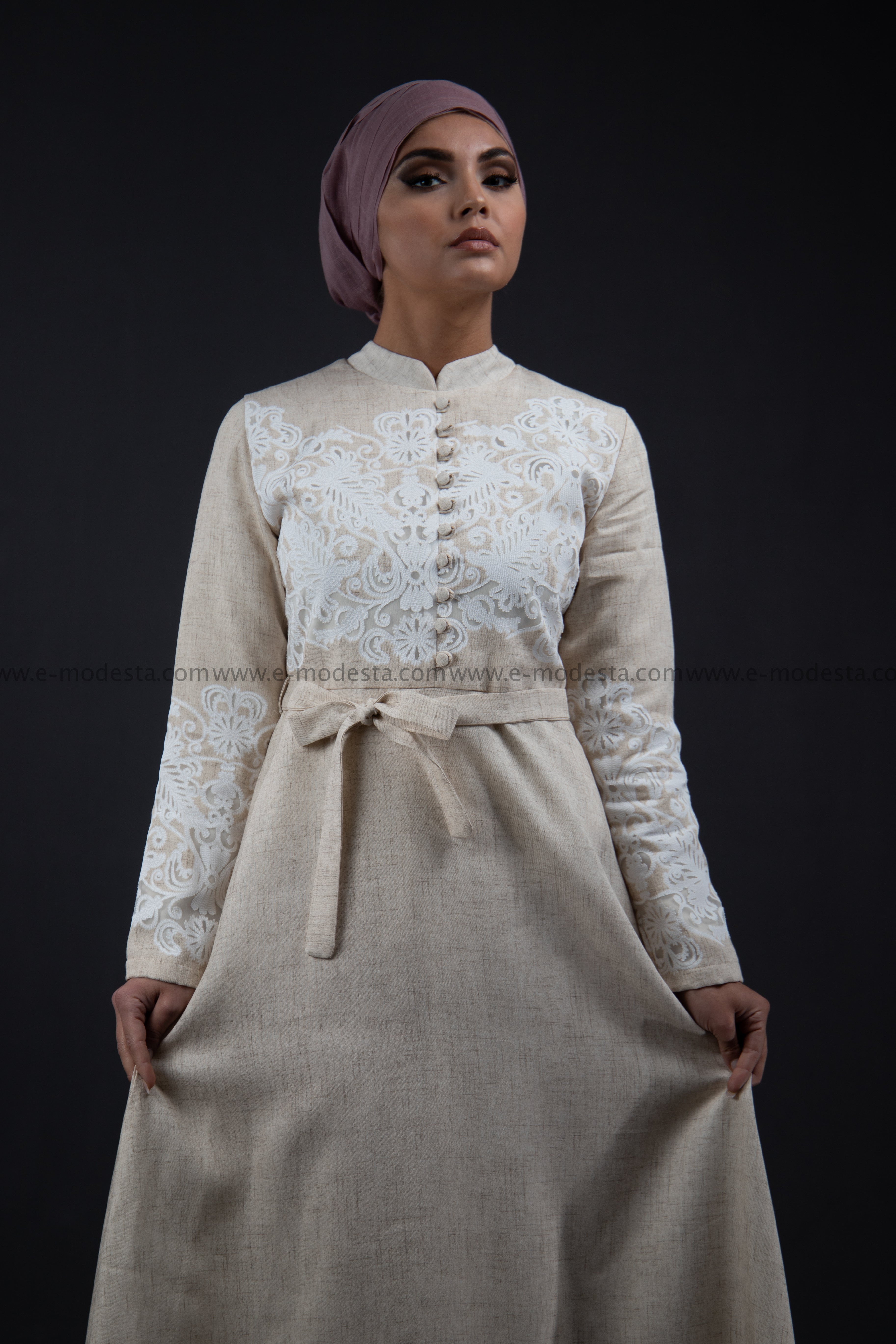 SALE Elegant Summer Maxi Dress | Beige Color | with White Lace - E-Modesta