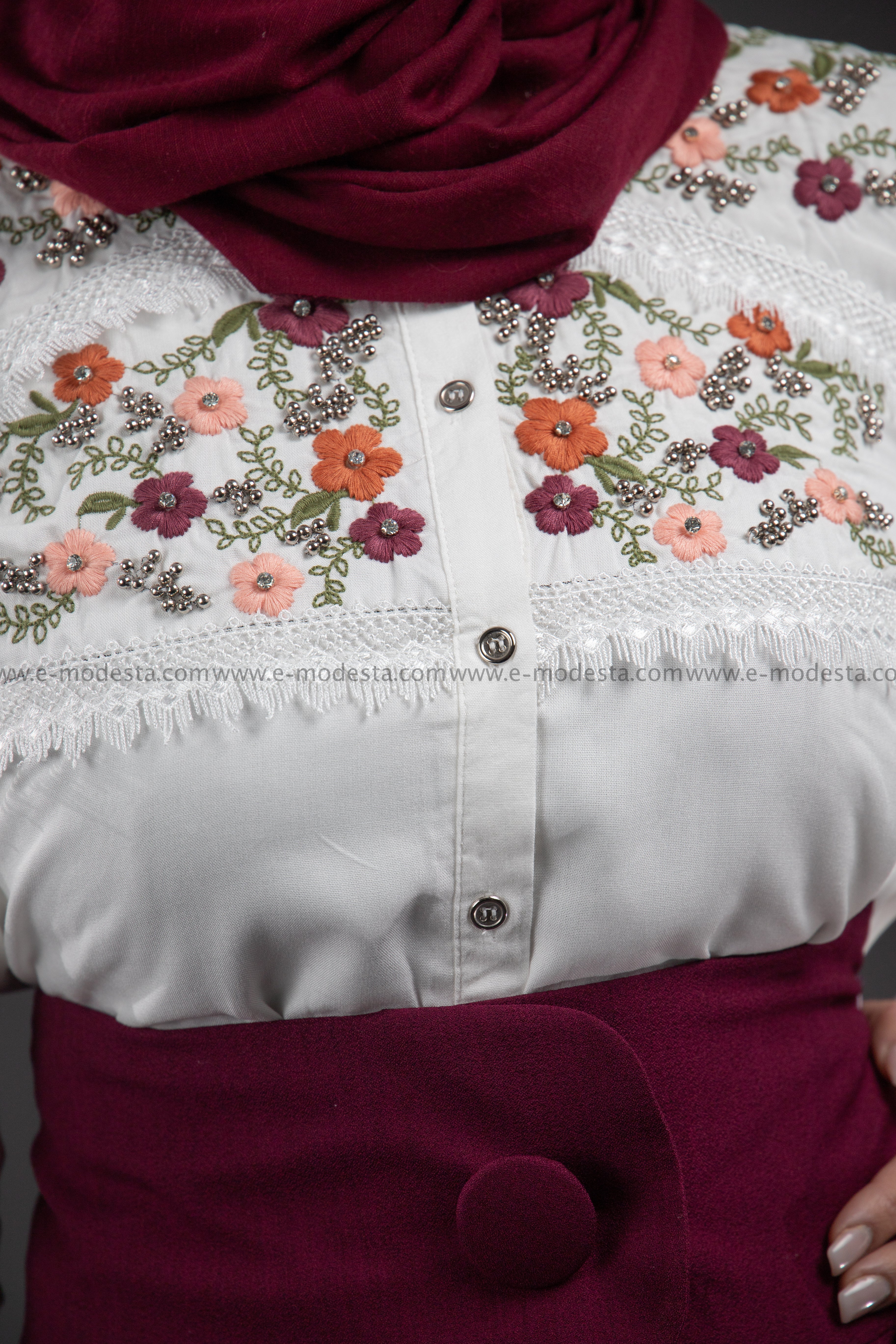 SALE Summer White Shirt | Flowers Embroidery | Purple and Pink - E-Modesta