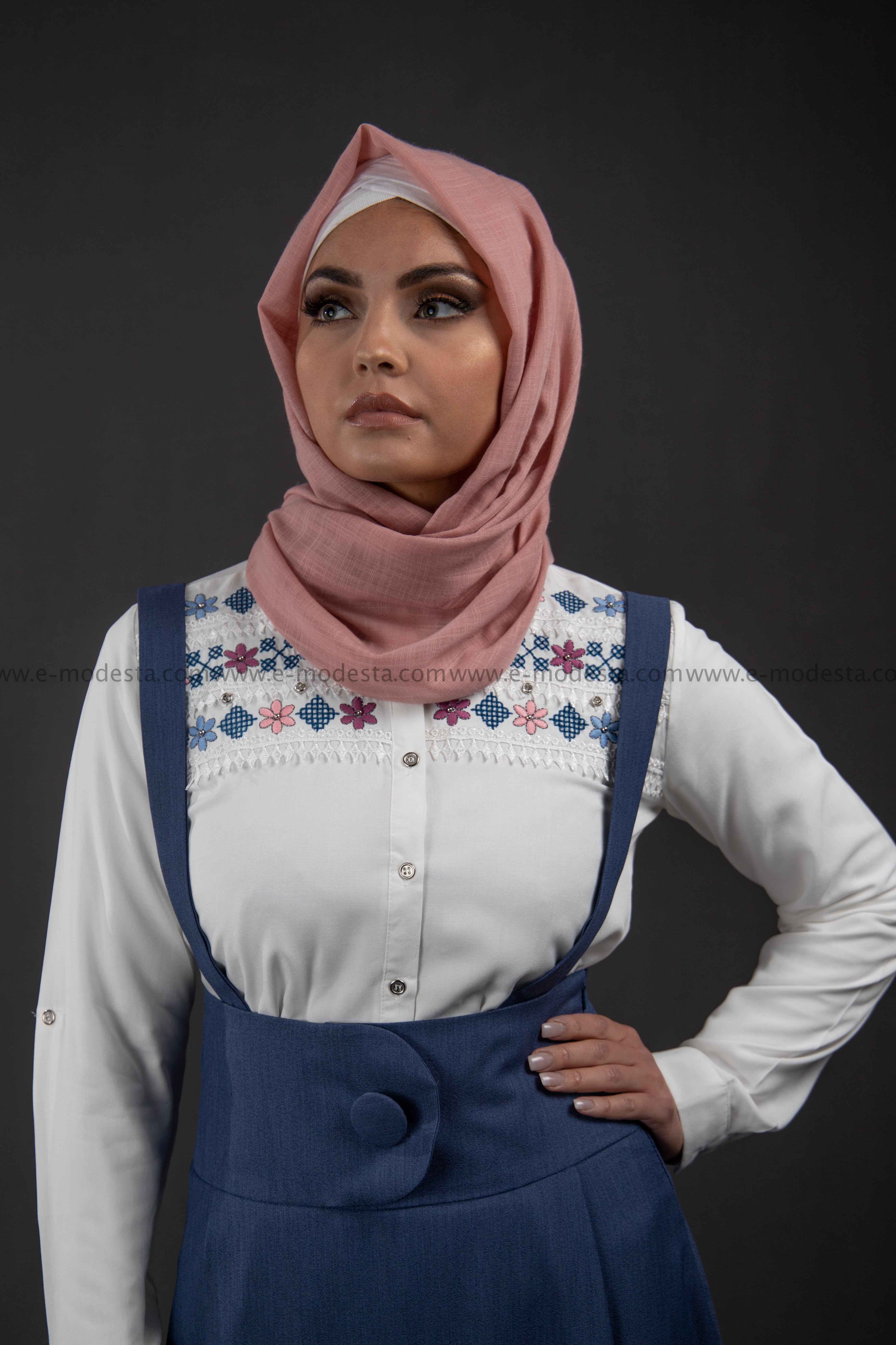 SALE Summer White Shirt | Flowers Embroidery | Blue and Pink - E-Modesta