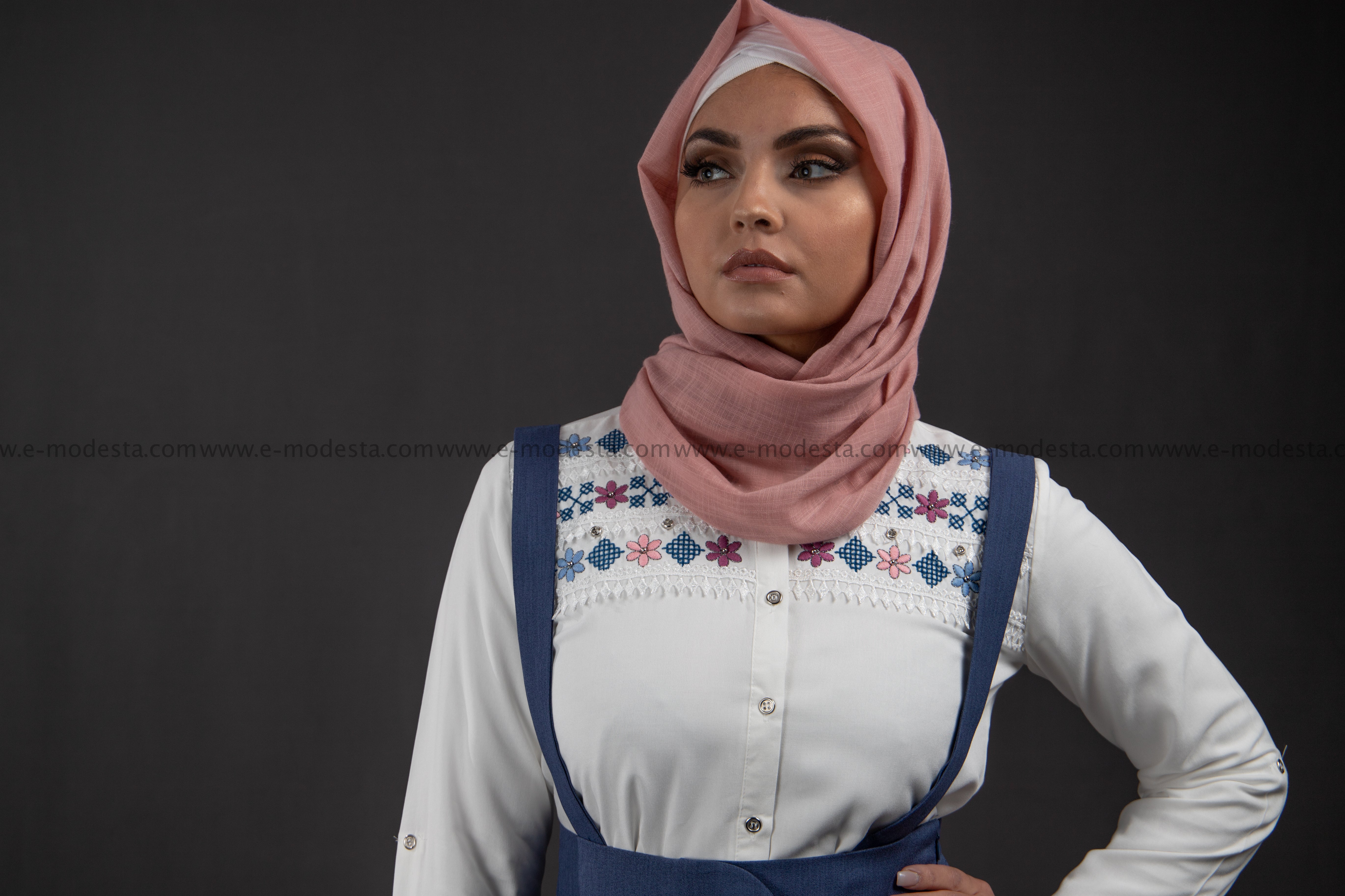 SALE Summer White Shirt | Flowers Embroidery | Blue and Pink - E-Modesta