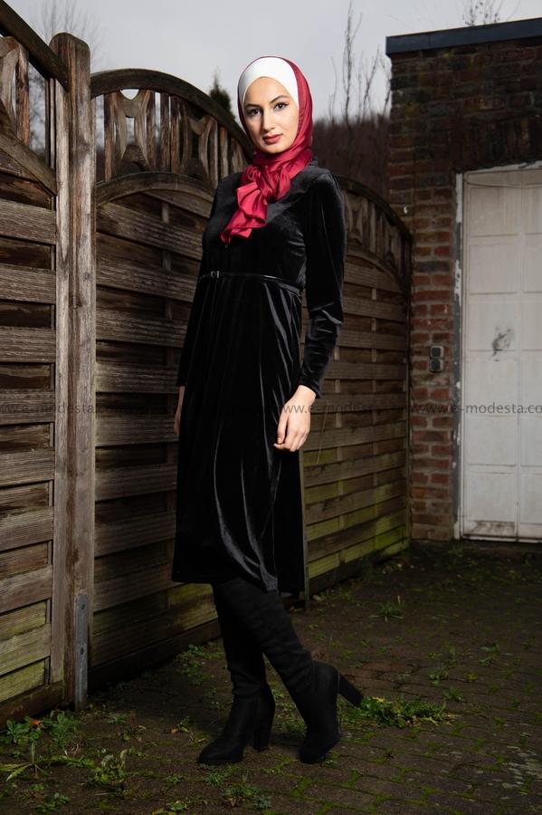 Women Dress for Winter | Black Velvet | Mid-calf - E-Modesta