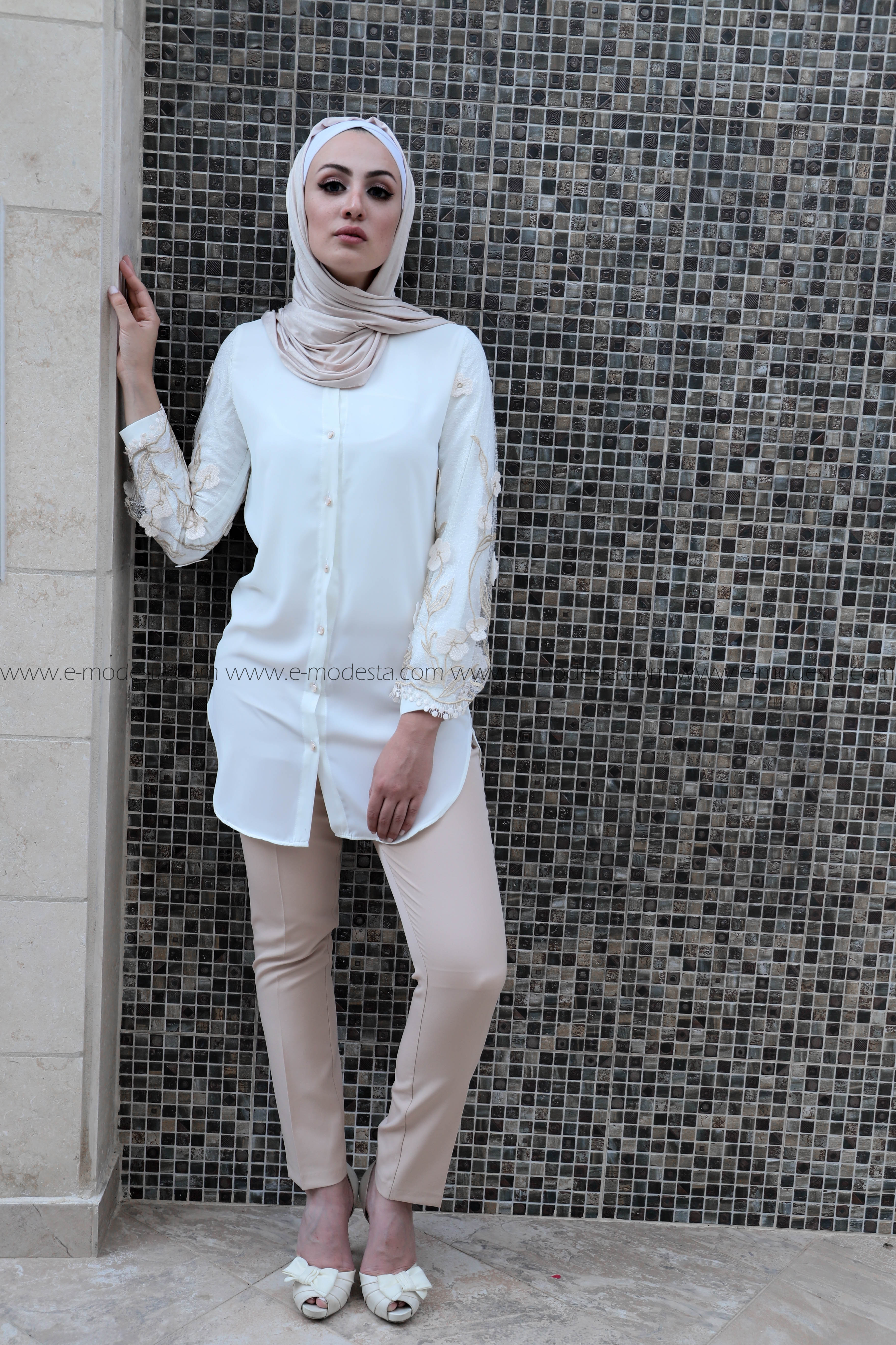 Elegant Fancy Summer Shirt with Floral Lace and Embroidery - E-Modesta#Hijab_fashion#