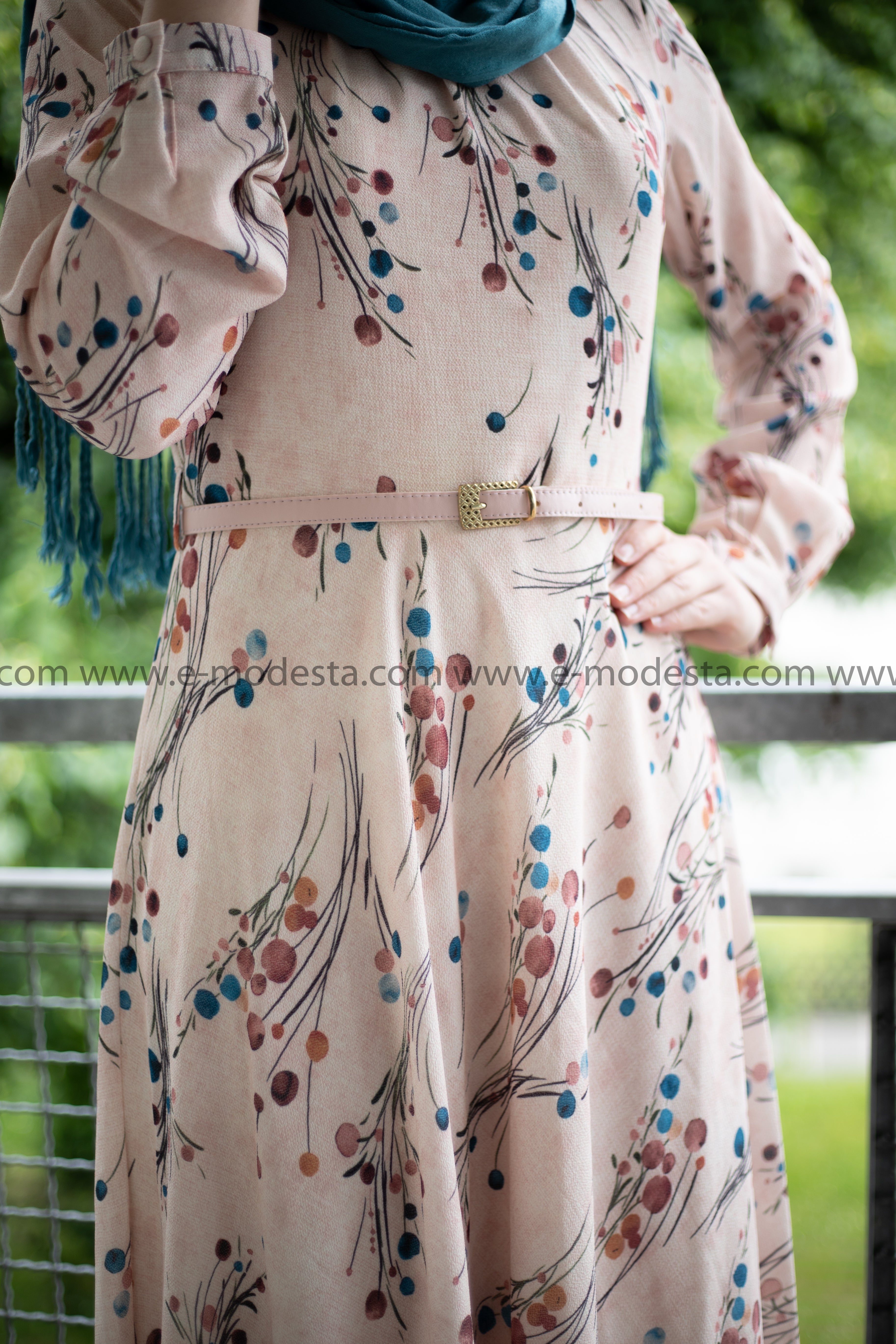 Elegant Maxi Summer Dress | Blue Dots Pattern | Fully Lined from Inside - E-Modesta#Hijab_fashion#