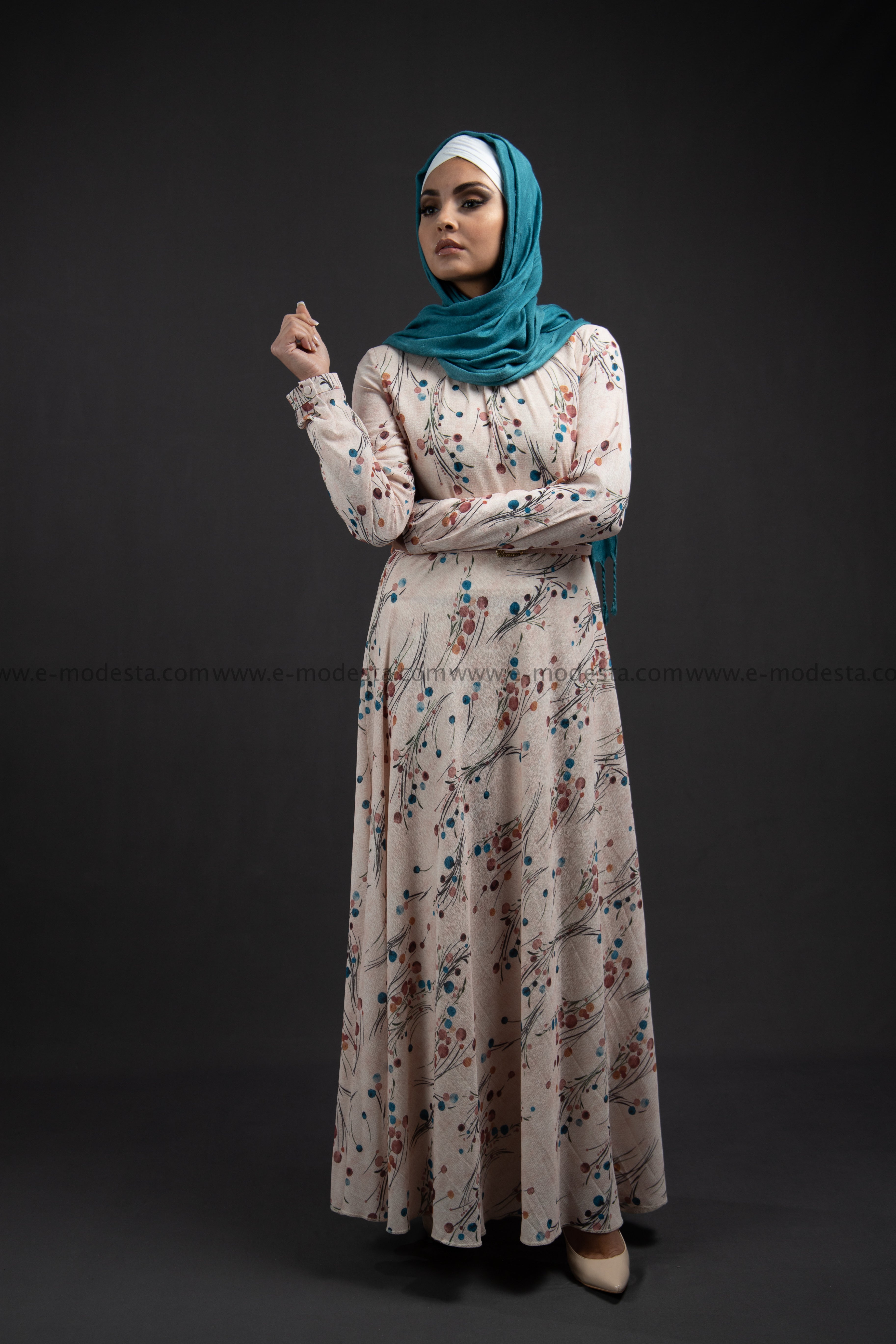 Elegant Maxi Summer Dress | Blue Dots Pattern | Fully Lined from Inside - E-Modesta#Hijab_fashion#