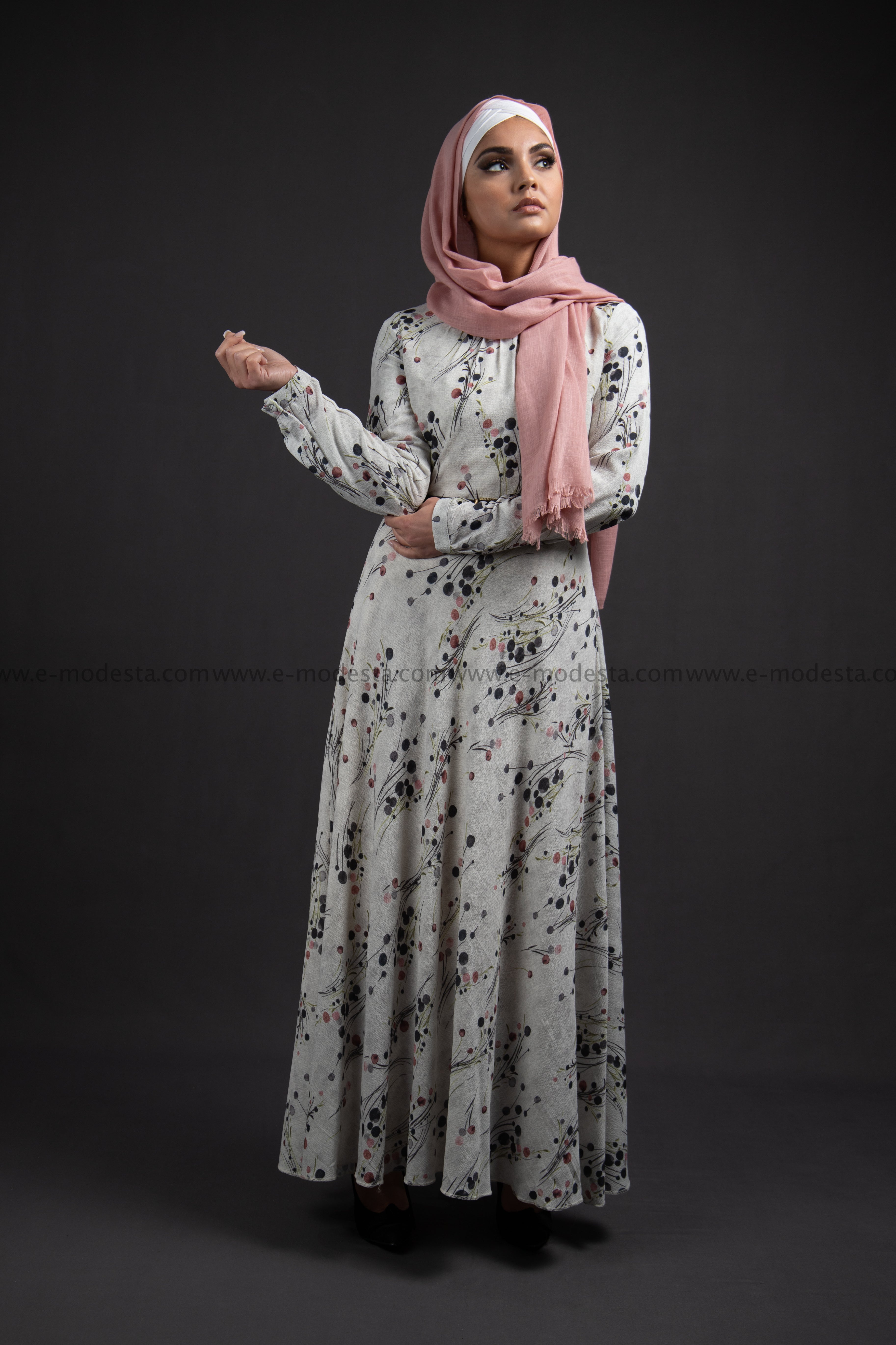 Elegant Maxi Summer Dress | Pink Dots Pattern | Fully Lined from Inside - E-Modesta#Hijab_fashion#