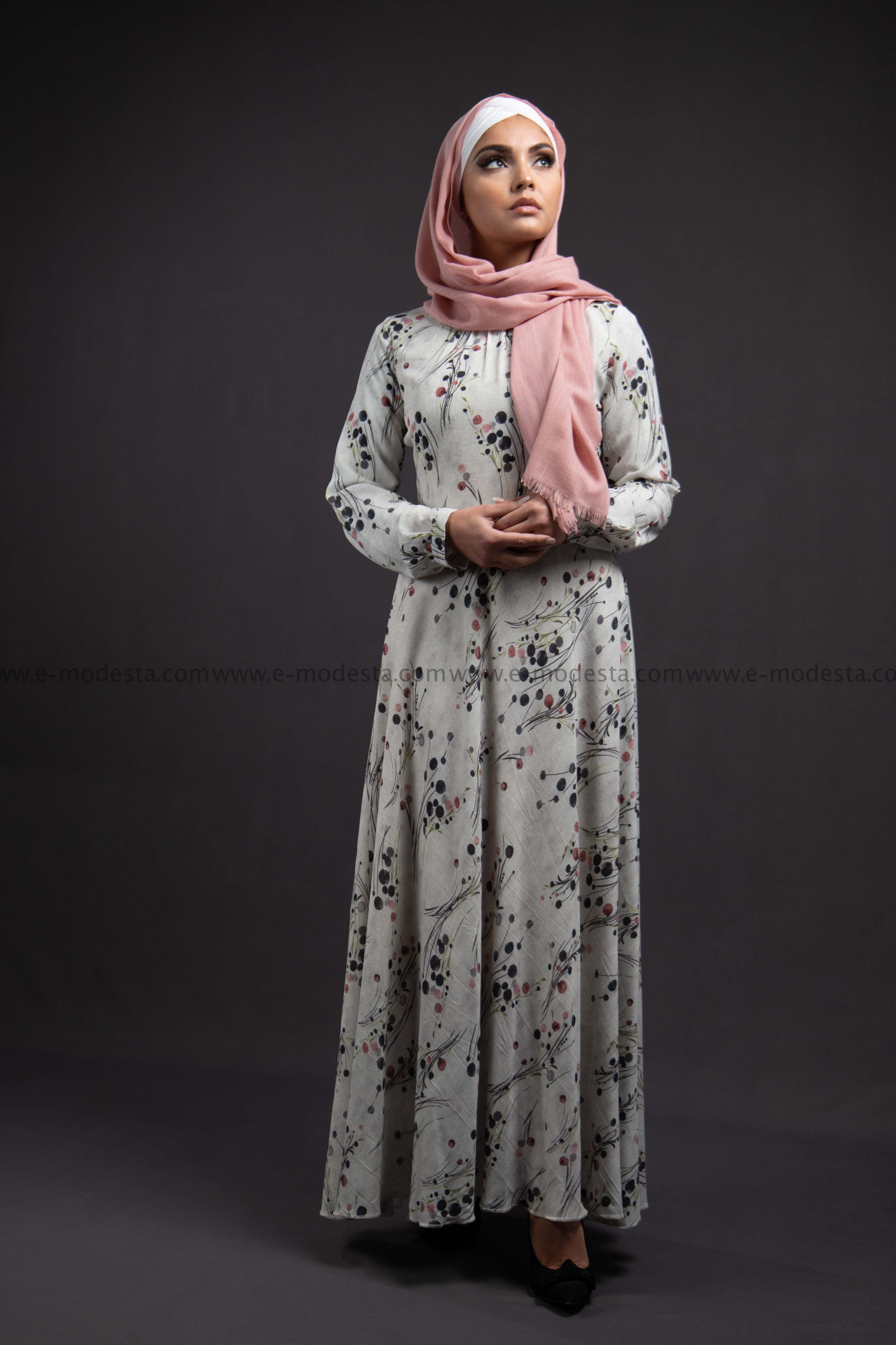 Elegant Maxi Summer Dress | Pink Dots Pattern | Fully Lined from Inside - E-Modesta#Hijab_fashion#