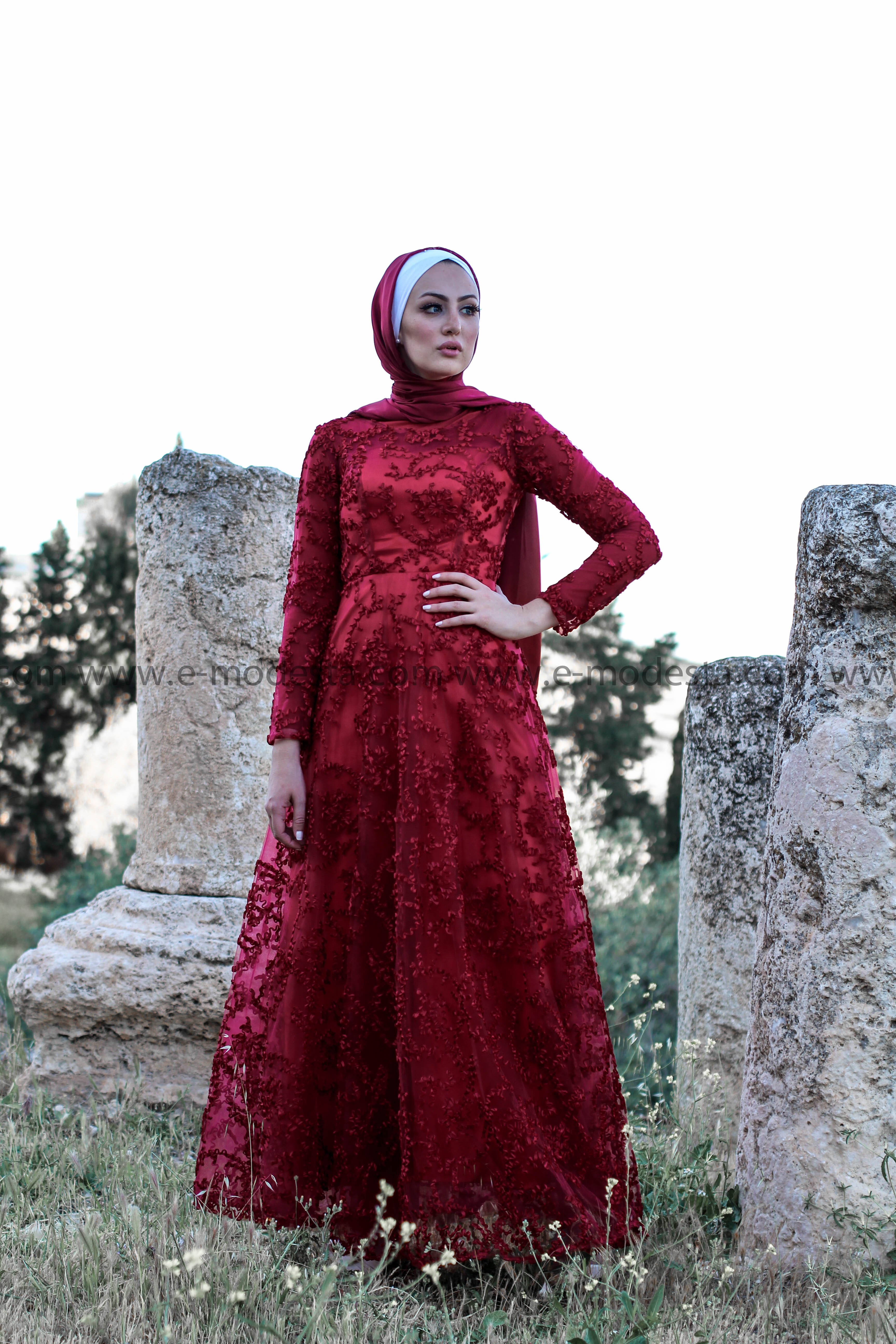 Fancy Highly Elegant Wine Red Evening Dress - E-Modesta#Hijab_fashion#