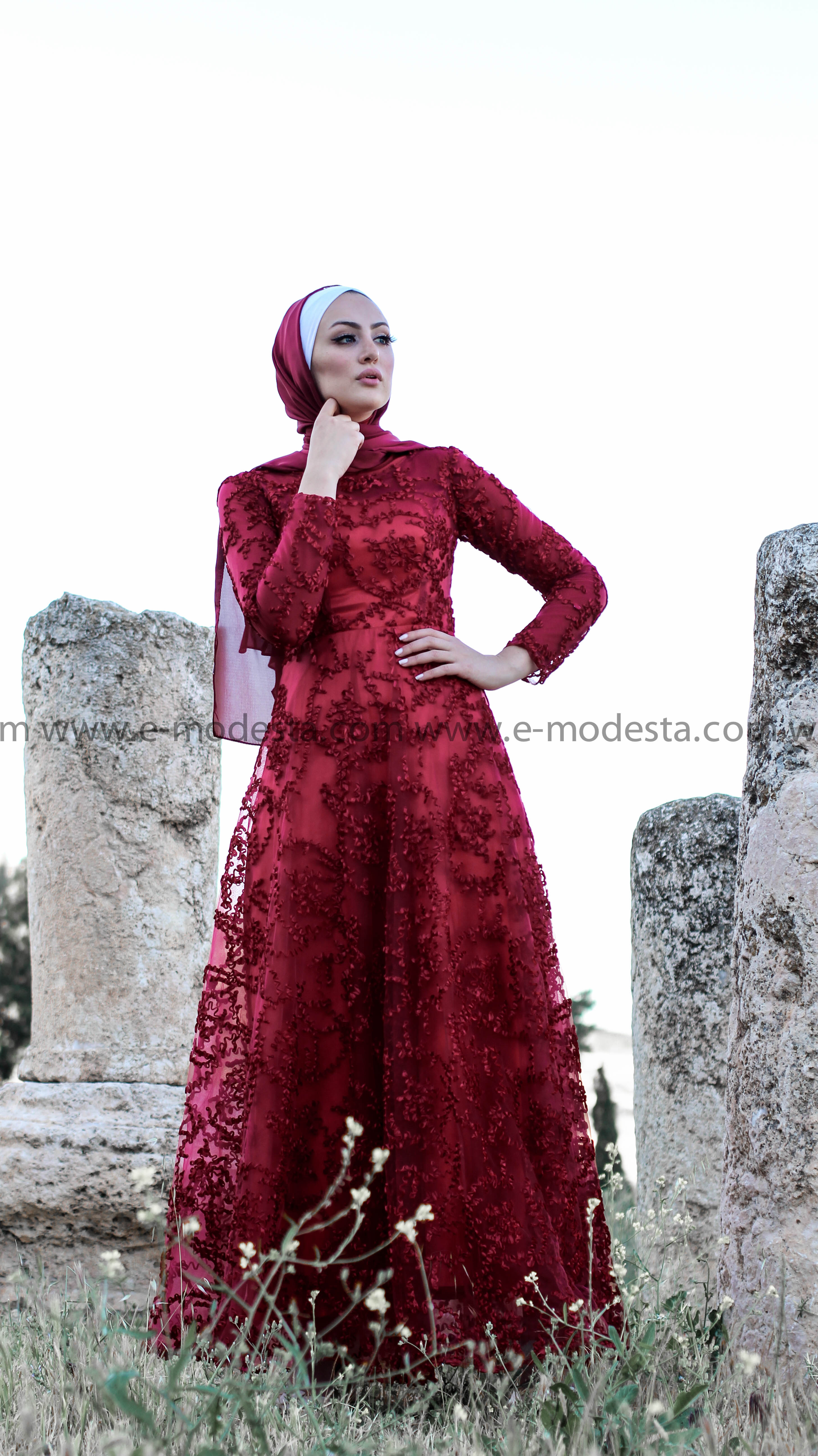 Fancy Highly Elegant Wine Red Evening Dress - E-Modesta#Hijab_fashion#