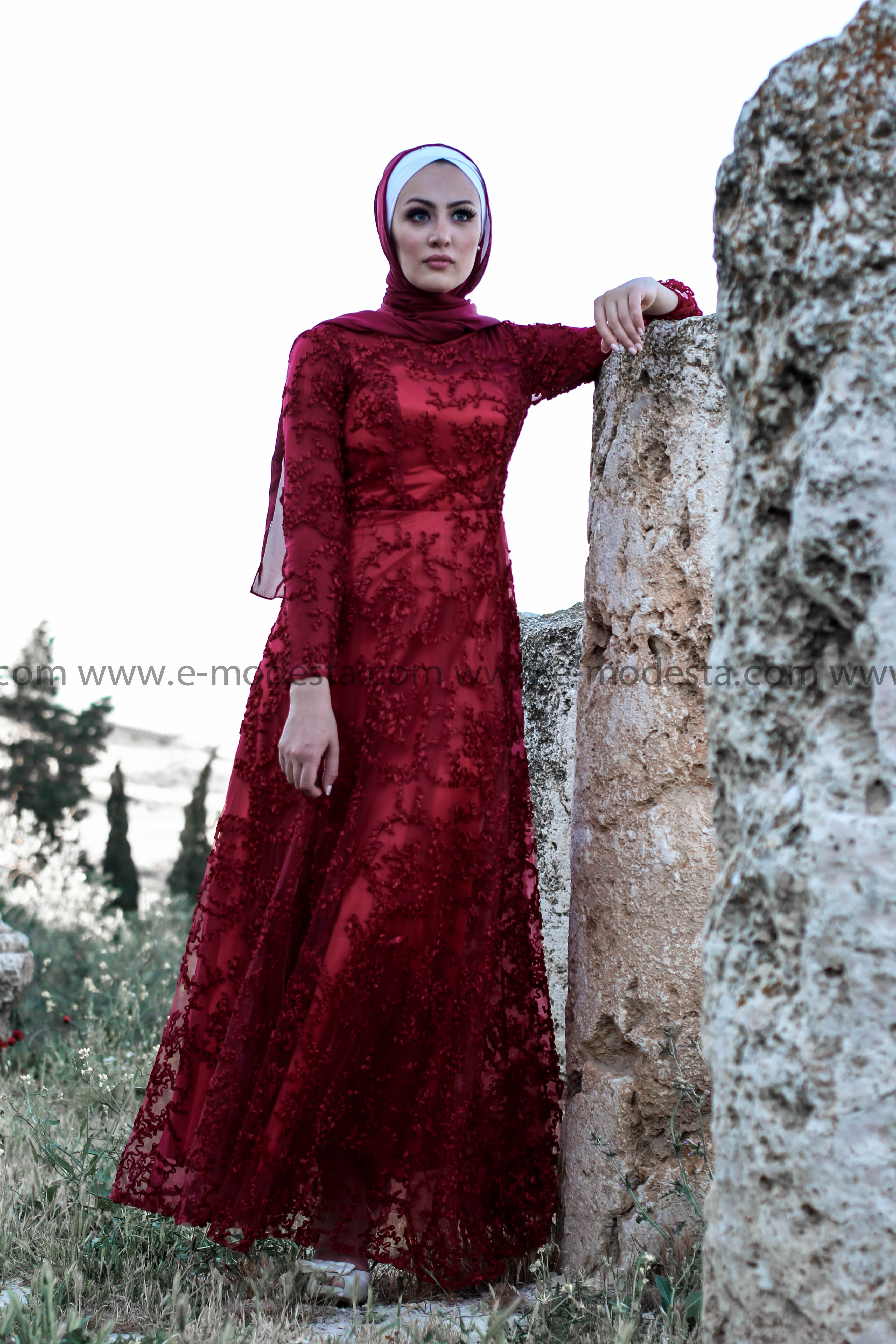 Fancy Highly Elegant Wine Red Evening Dress - E-Modesta#Hijab_fashion#