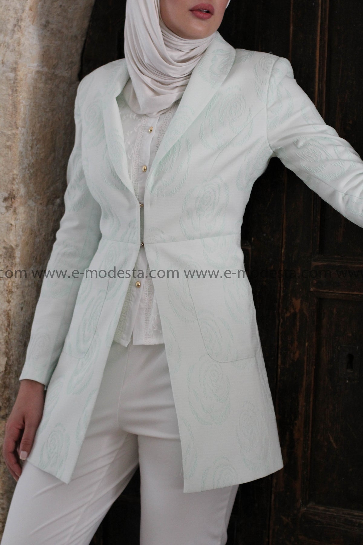 Light Lime Green Blazer & White Pants Formal Look - E-Modesta