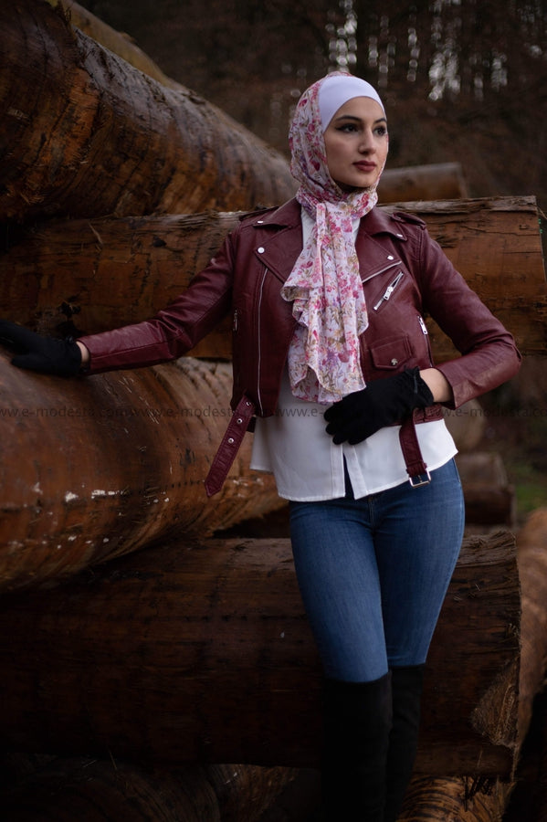 Leather Short Jacket - Wine Red Color - E-Modesta